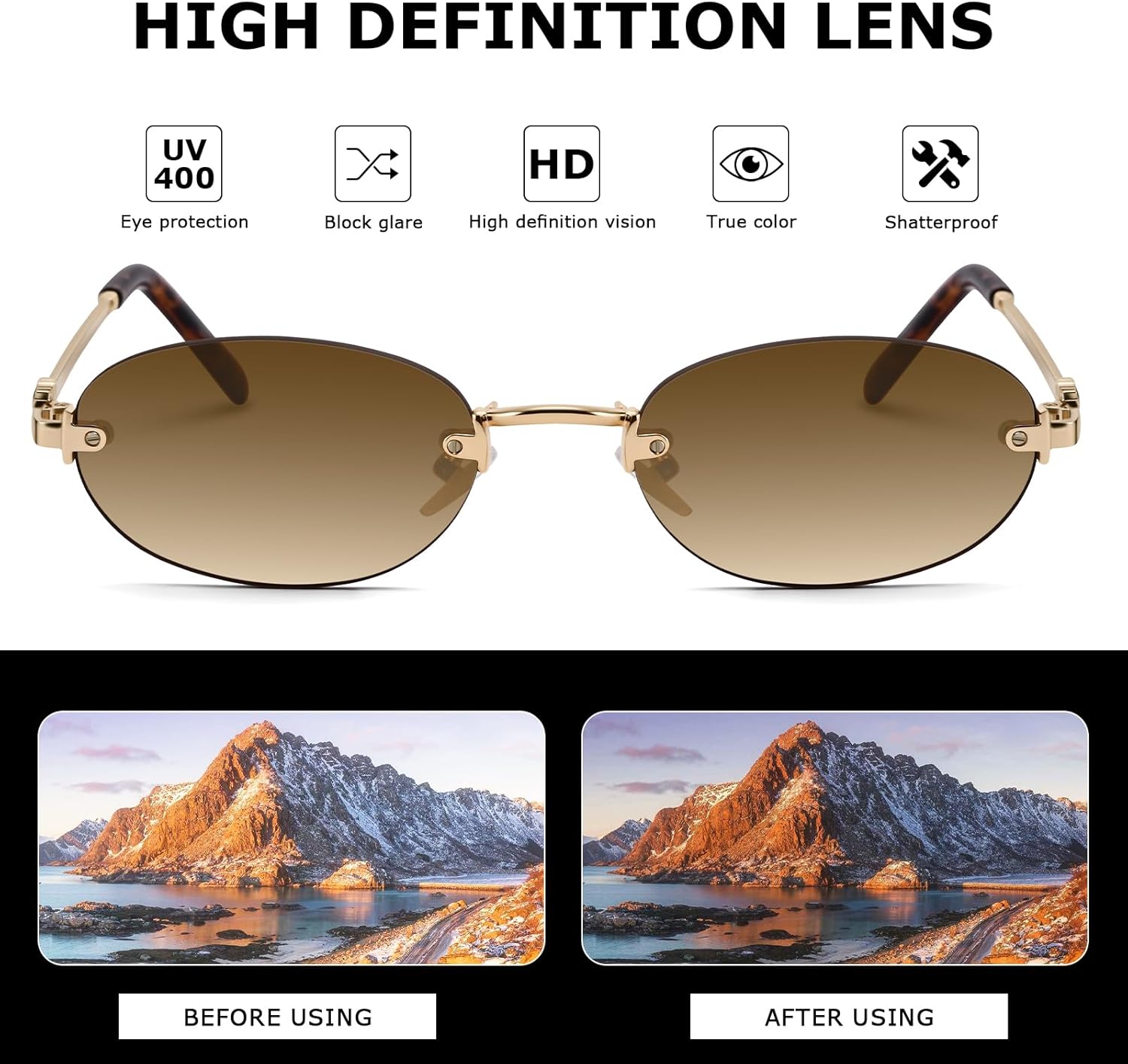 Bouryo Retro Small Oval Sunglasses for Women- Trendy Metal Rimless Sun Glasses - Fashion Narrow Shades Y2K Designer Sunnies - Image 5