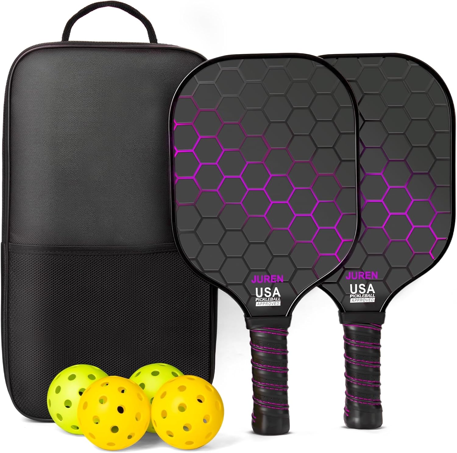 Pickleball Paddles Set of 2/4, Lightweight Pickleball Rackets, Durable Fiberglass Surface with Polypropylene Honeycomb Core，Ideal Pickleball Training Equipment and Carry Bag