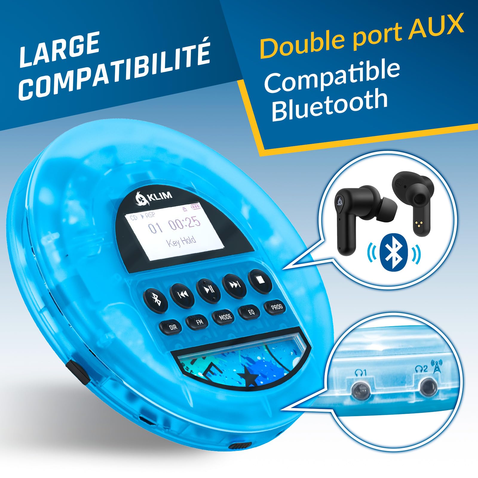 Nomad Lecteur CD Portable Bluetooth - Batterie Longue Durée - Radio FM TF | Écouteurs Inclus, Double Port Audio, Carte TF, Radio FM, Protection Anti-Saut, Câble AUX Voiture - Bleu Transparent