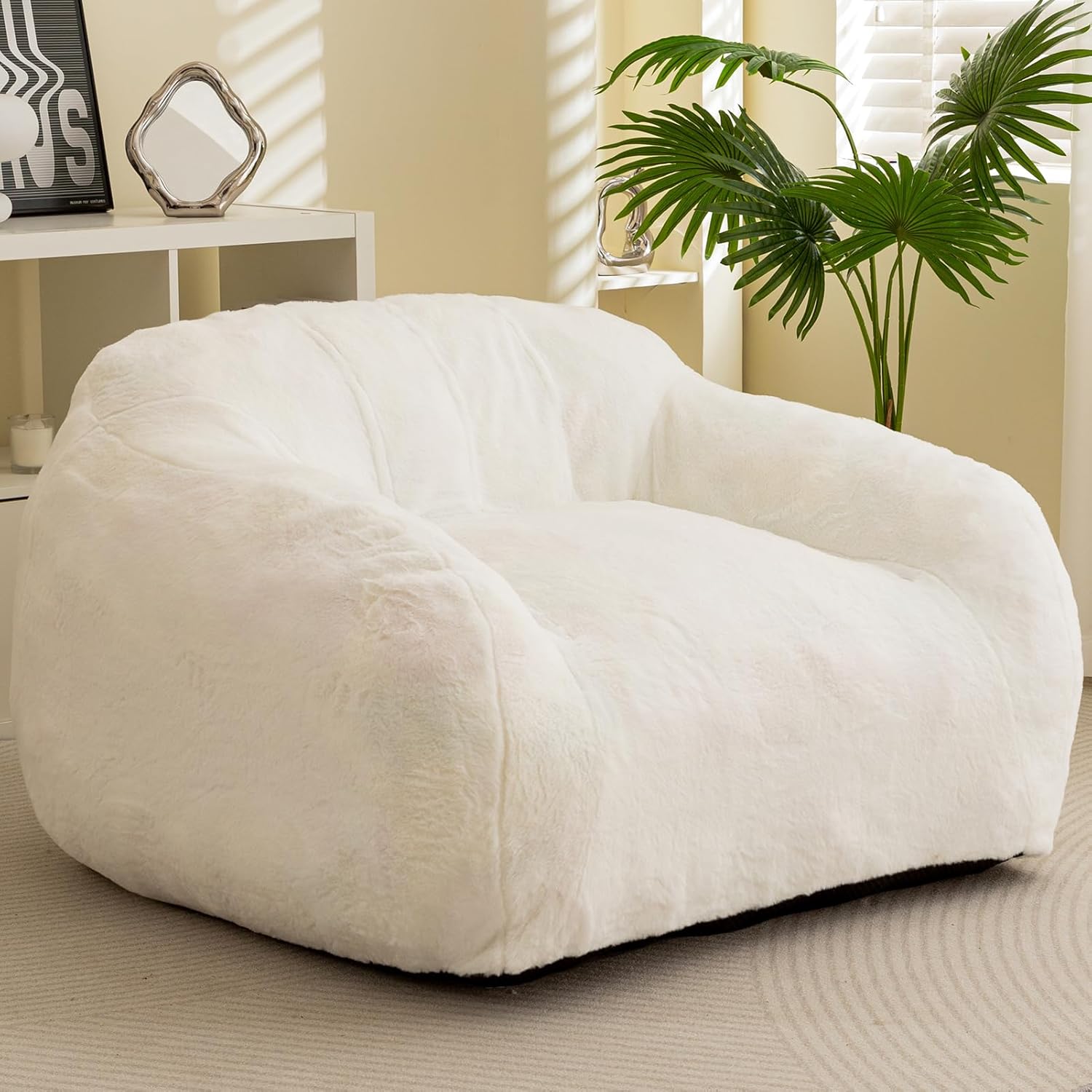 higogogo giant bean bag chair for adults, big comfy sofa chair for bedroom living room, bean bag lazy chair for adults with armrests for gaming, reading, fur beige fur beige large