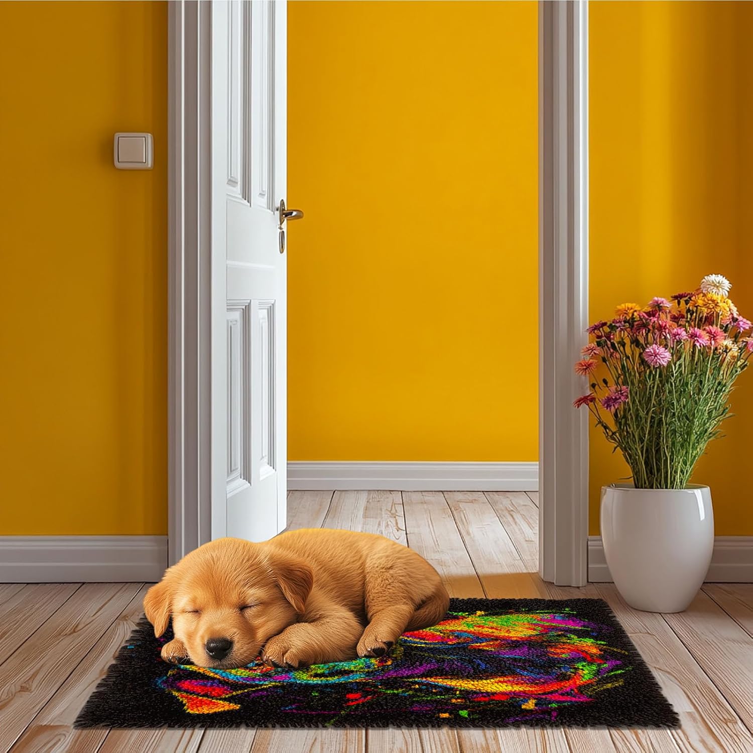 Latch Hook Rug Kit Colorful Pitbull Dog Pre-Printed Handmade Carpet Crochet Yarn Craft DIY Hook and Latch Door Mat Tapestry for Home Floor Decoration 52x38cm-2