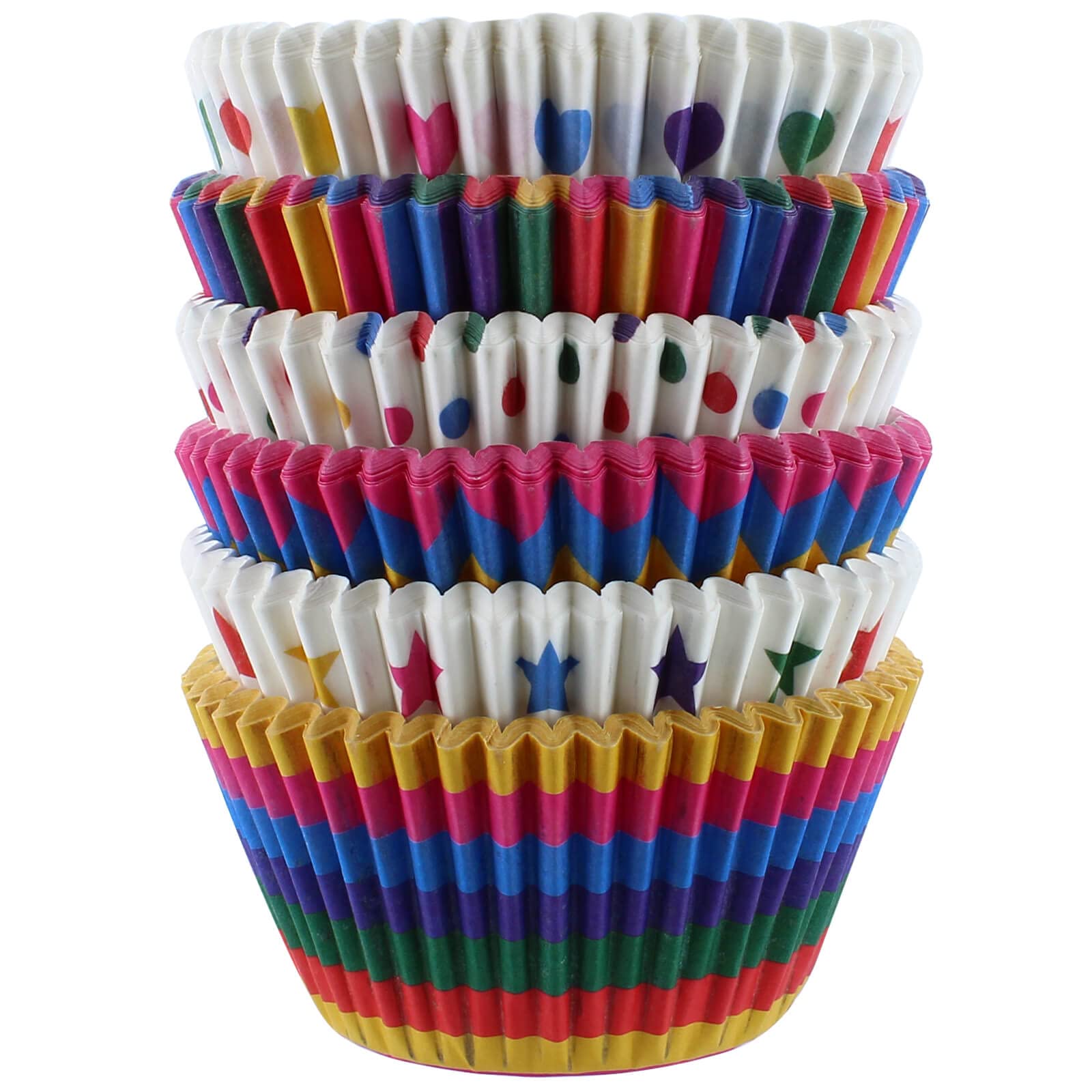 Baked with Love, Rainbow Brights Paper Cupcake Cases, 150 pcs, Greaseproof, Disposable, 50mm x 37mm, Stars, Stripes, Spots, Hearts, Birthdays, Celebrations