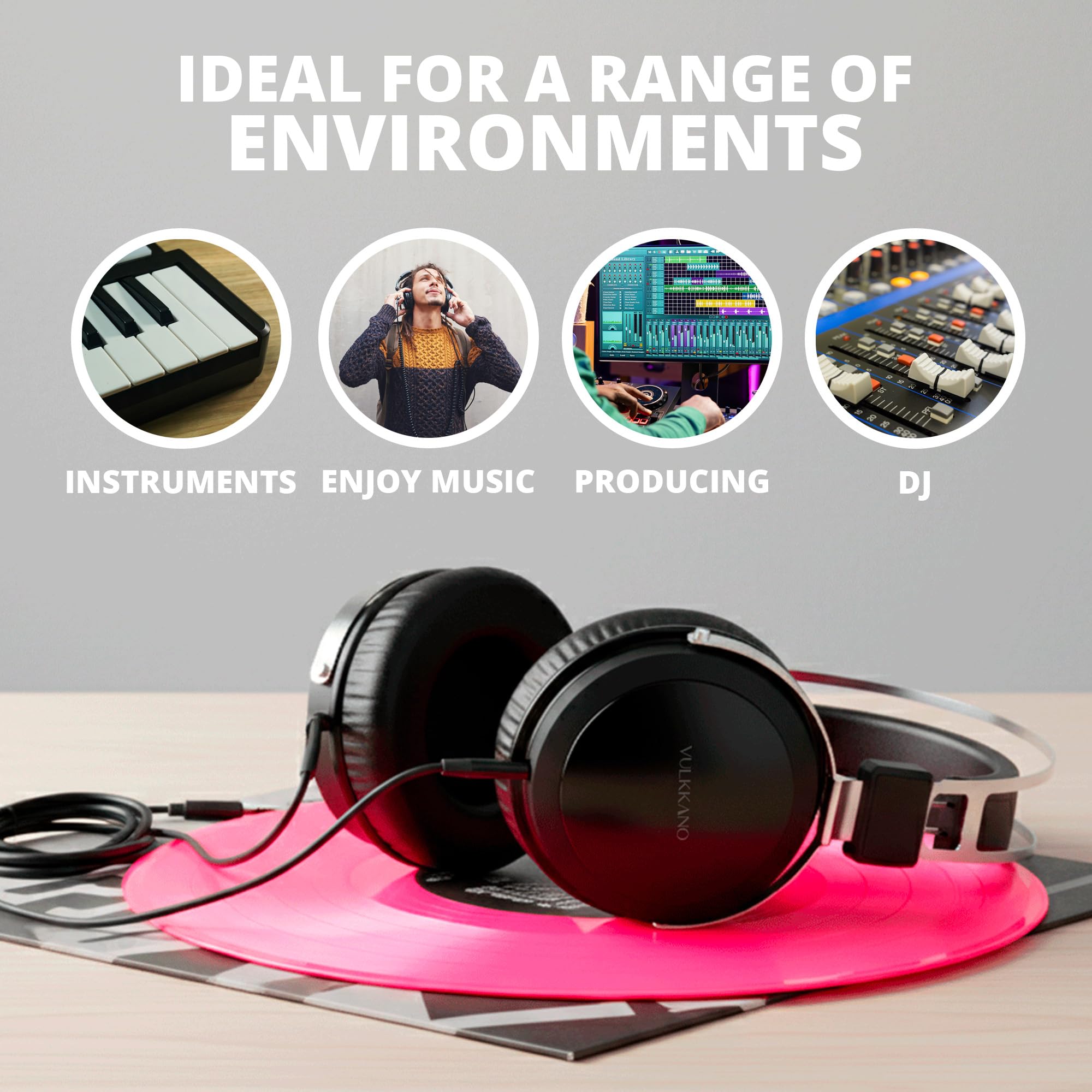 VULKKANO HC10 Turia Casque audio supra-auriculaire pour studio et DJ, pilote 50 mm, son neutre et précis, câble amovible de 1,5 m, impédance 32 ohms, réponse en fréquence de 20 Hz à 20 kHz