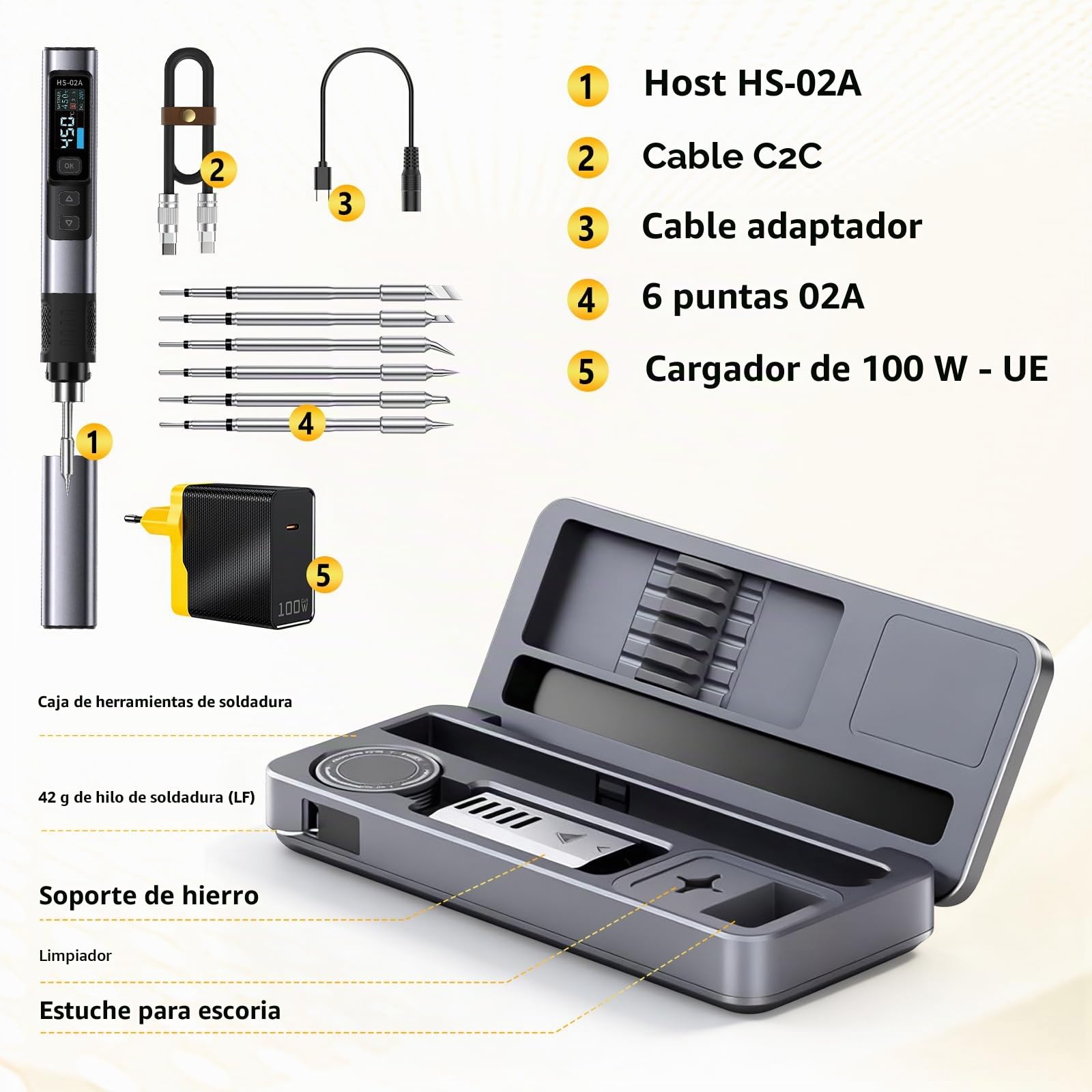 HS-02A Kit de soldador portátil con cable de 100W, soldador controlado por temperatura, calentamiento rápido 3S, 100-450 °C, temperatura preestablecida de 3 grupos, 6 puntas de soldadura para