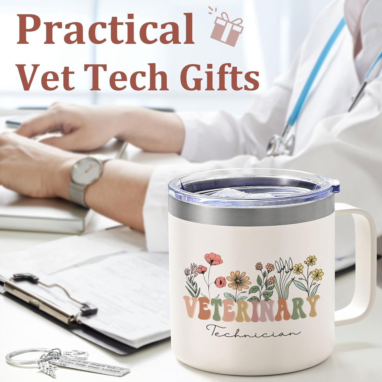Lifecapido Vet Tech Gifts, Veterinary Technician 14oz Coffee Mug with Keychain, Vet Tech Week Christmas Birthday Gifts for Veterinarian Veterinary Technologists, Creamy - Image 3