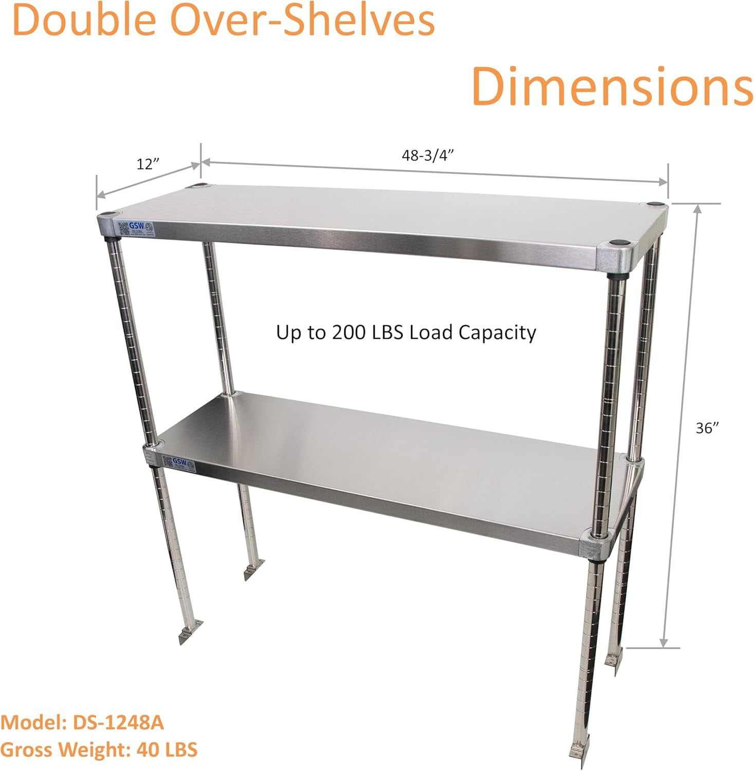 GSW DS-1248A Commercial Stainless Steel Adjustable Height Double Tier Over-Shelves for Prep & Work Table, Cold Table, Restaurant Kitchen, 12" x 48-3/4" x 36"