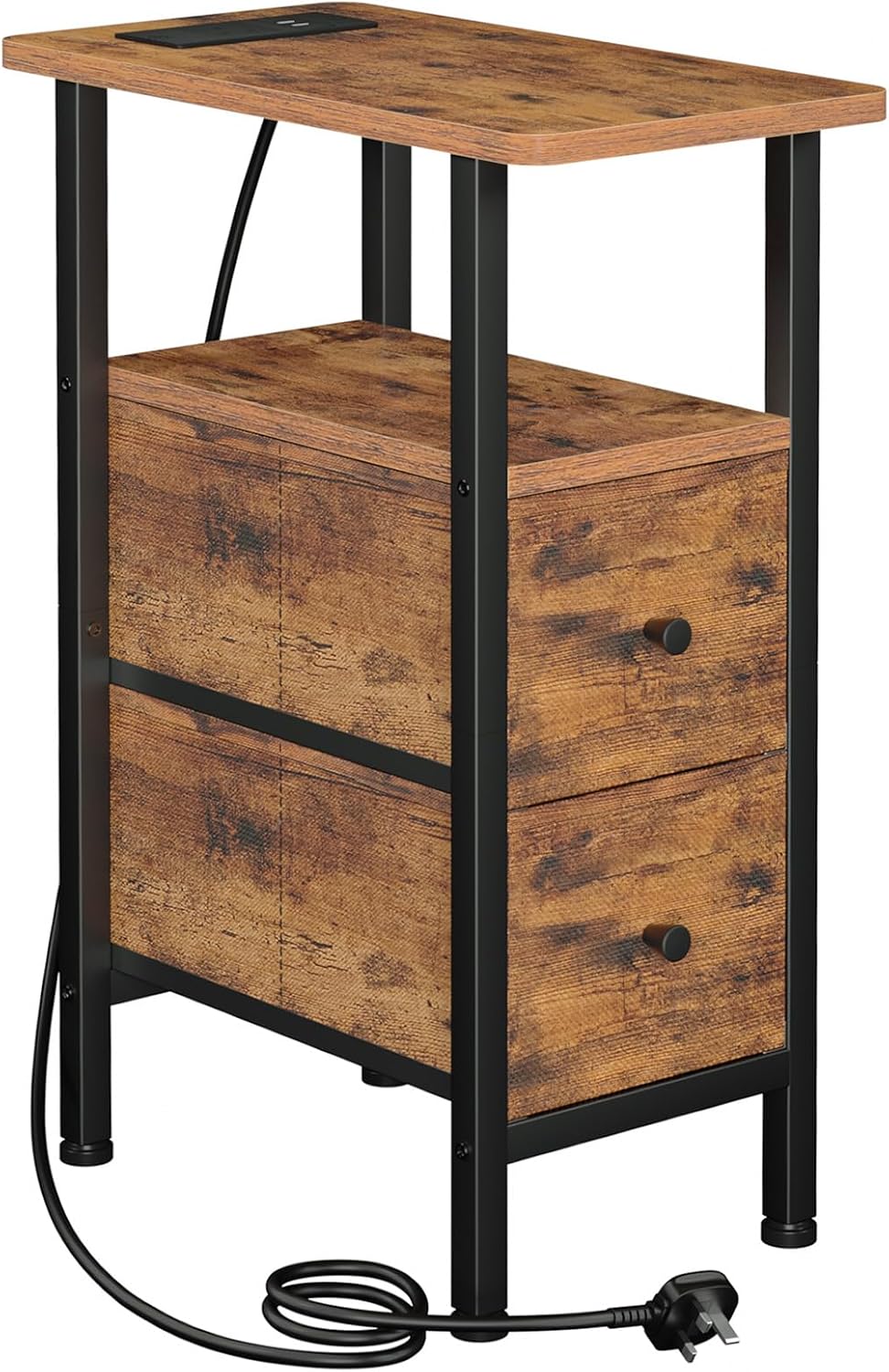 AMHANCIBLE Slim Bedside Table with Charging Station, Narrow Side Table with 2 Fabric Drawers, Small End Table with Open Storage Shelf, Nightstand for Small Spaces, Living Room, Brown HETNDP02PBR-1