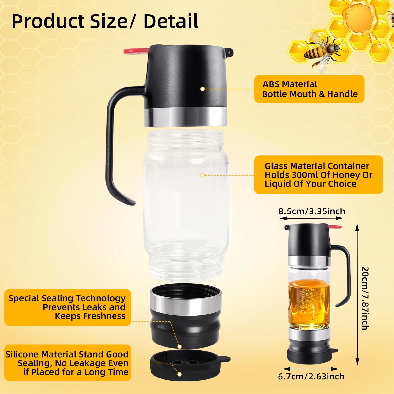 Dispenser Di Miele In Vetro 300 Ml: Antigoccia Dosatore Miele Con Manico - Ideale Per Mieles E Sciroppo, Salsa Di Soia, Altri Liquidi, Accessori Da Cucina