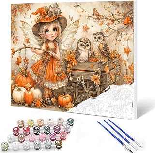 Autumn Fairy Paint by Numbers Kit for Adults Fall Pumpkin Owl Theme DIY Painting by Numbers for Home Wall Decor Easy Acrylic Painting Kit with Brushes and Canvas Art Gift 16x20 Inch (Without Frame)
