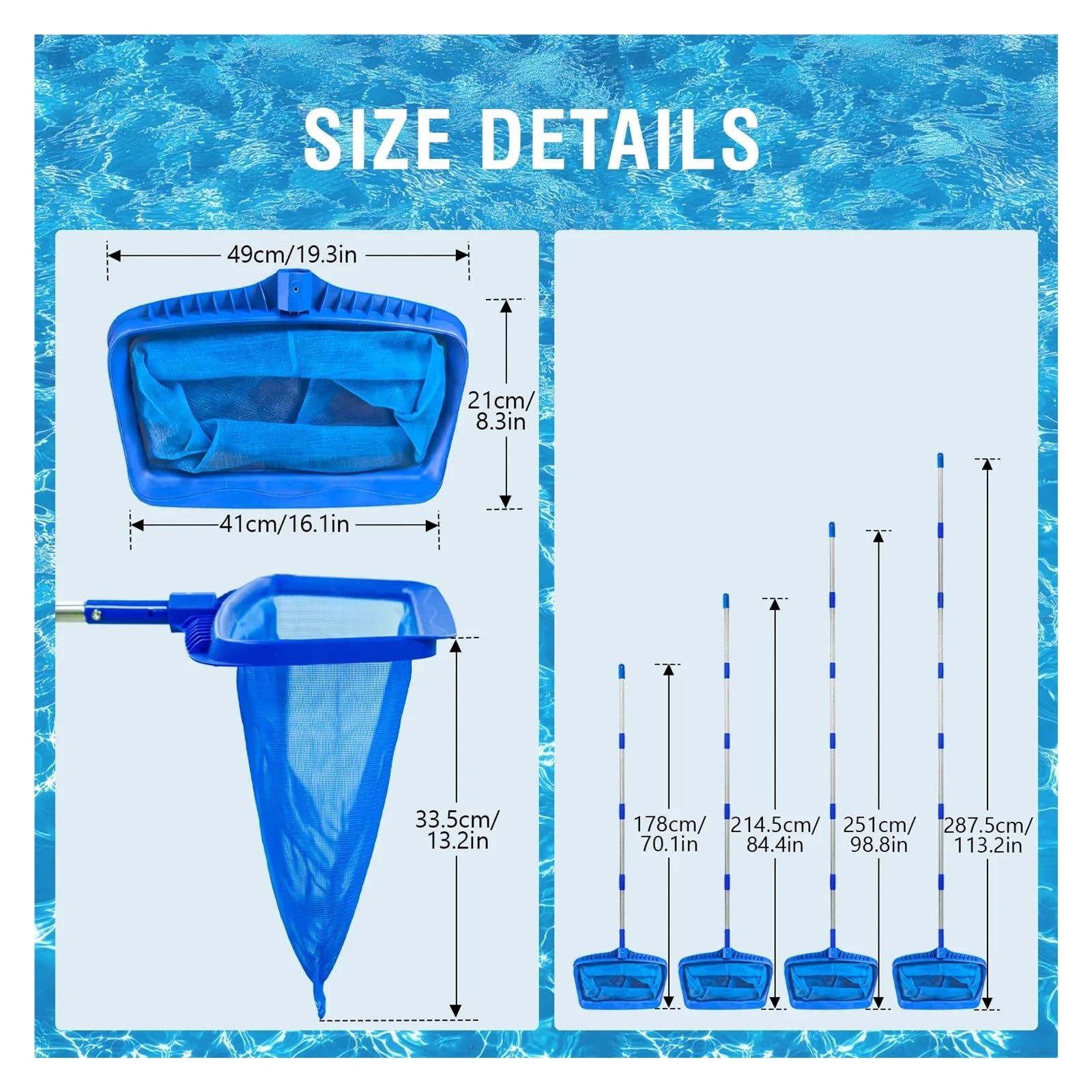 Red Piscina Limpieza Red de Espumadera for Piscina con Poste de Acero Inoxidable de 113,2 Pulgadas, Limpieza de natación de Malla Fina Profunda