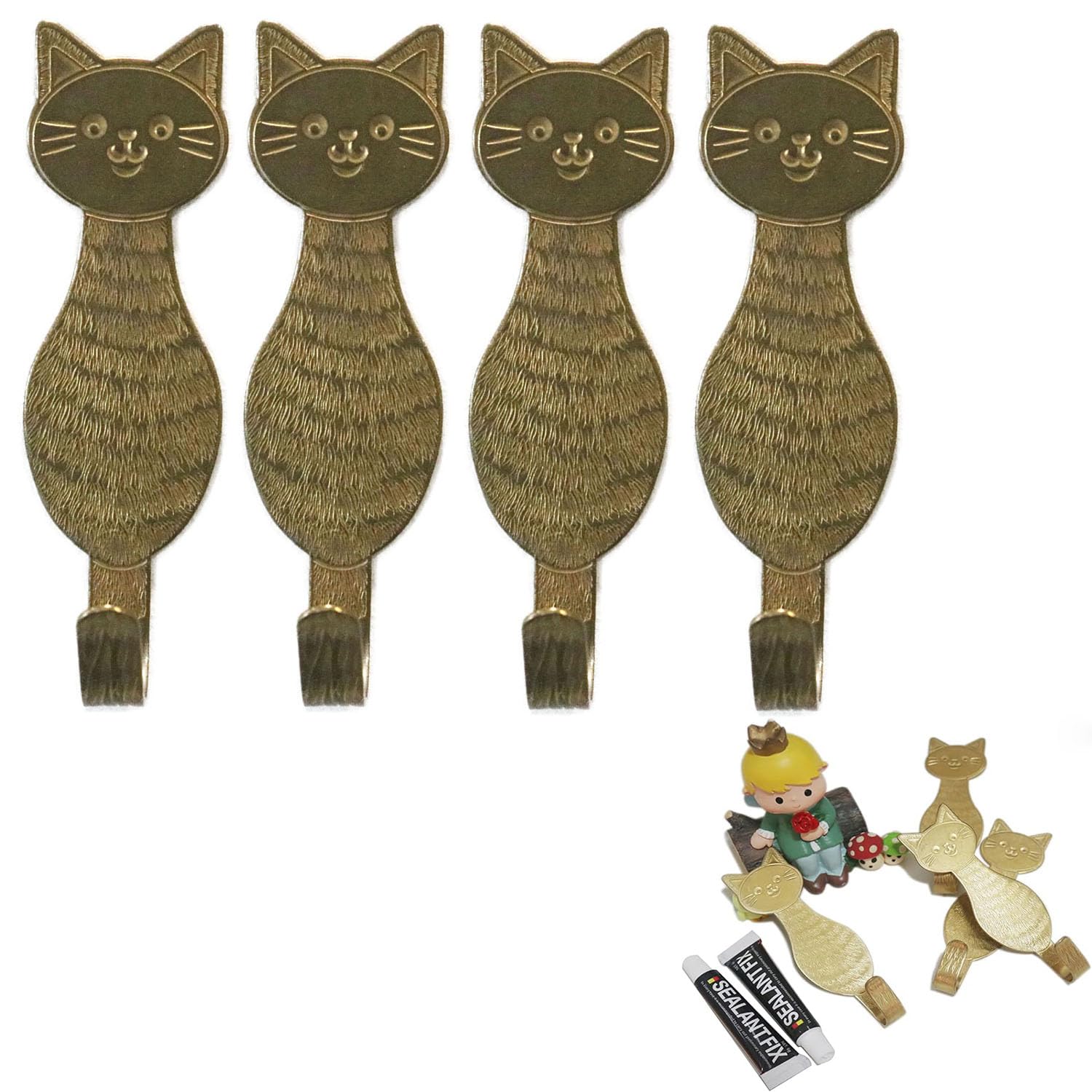 Coat Hooks, 4pcs Decorative Wall Hooks for Hanging Coat Towel Headphone Hats Bags Key, Antique Brass Cat-Shaped Wall Hooks Holders