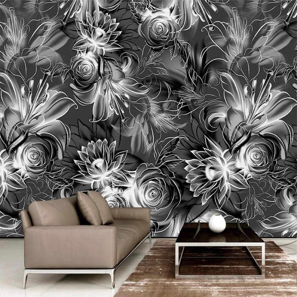 Papier peint 3D peint a la main fleurs retro noir et blanc 350x245cm grand format
