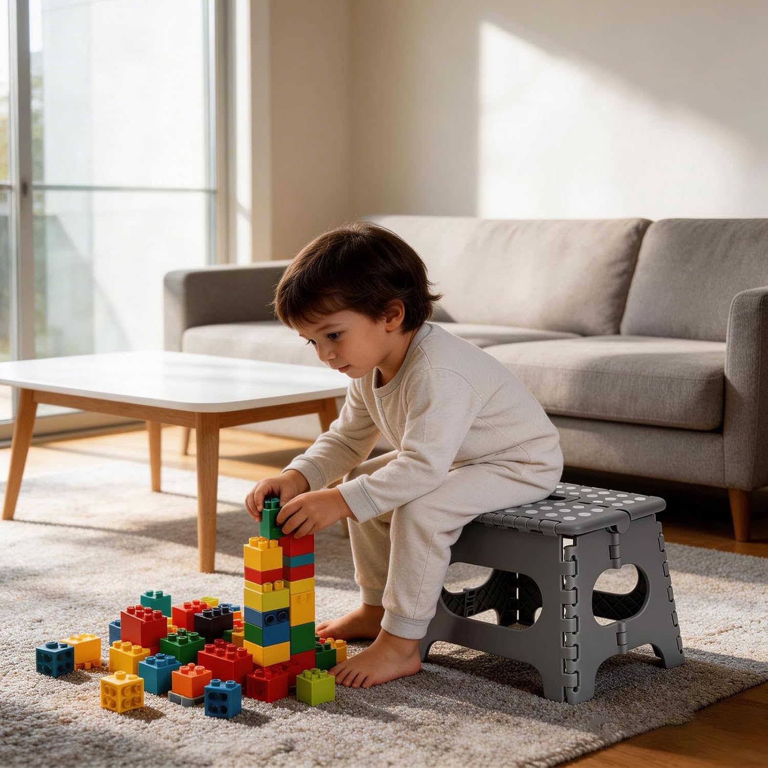 Folding Step Stool, 11 Inch Foot Stool for Kids Adults - Holds Up to 330 lbs, Lightweight Foldable Step Stool with Anti-Slip Surface, Carry Handle for Home Indoor Outdoor (Light Grey)