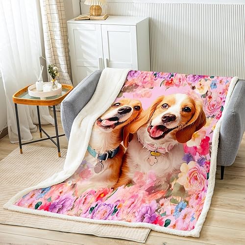 Feelyou Manta de Felpa para Niños con Dibujos de Perros para Cama de Sofá, Manta Sherpa de Perro de Dibujos Animados para Niñas, Rosa, Floral,