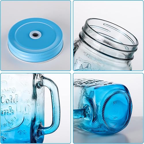 Miniatura 8 de Zonostor Mason Jars - Juego de 2 vasos para beber, vasos Mason de 16 onzas con popote y tapa, taza de boca ancha con asa (2 unidades, azul)
