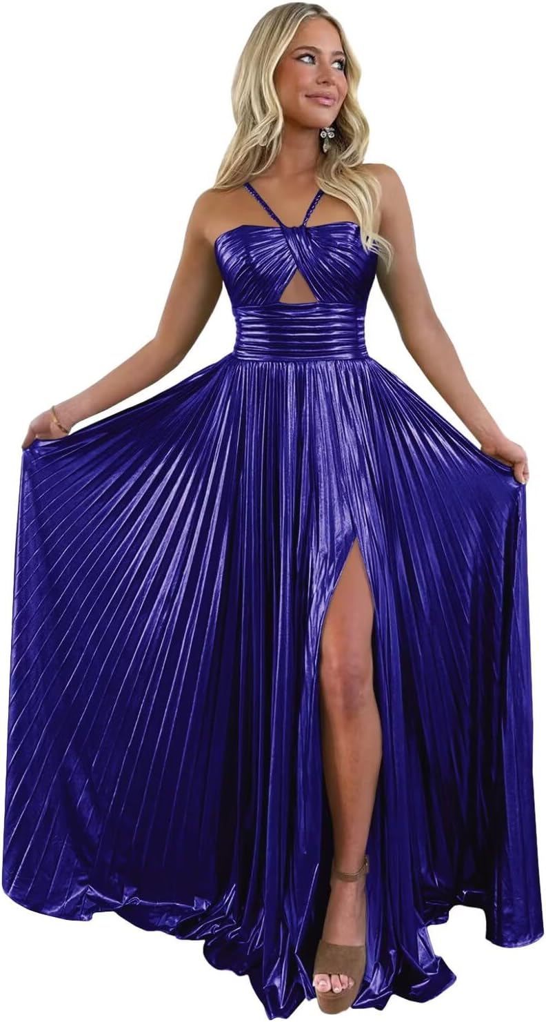 UZN Sparkly Satin Prom Dresses Long Spaghetti Straps Keyhole with Split Formal Party Gowns