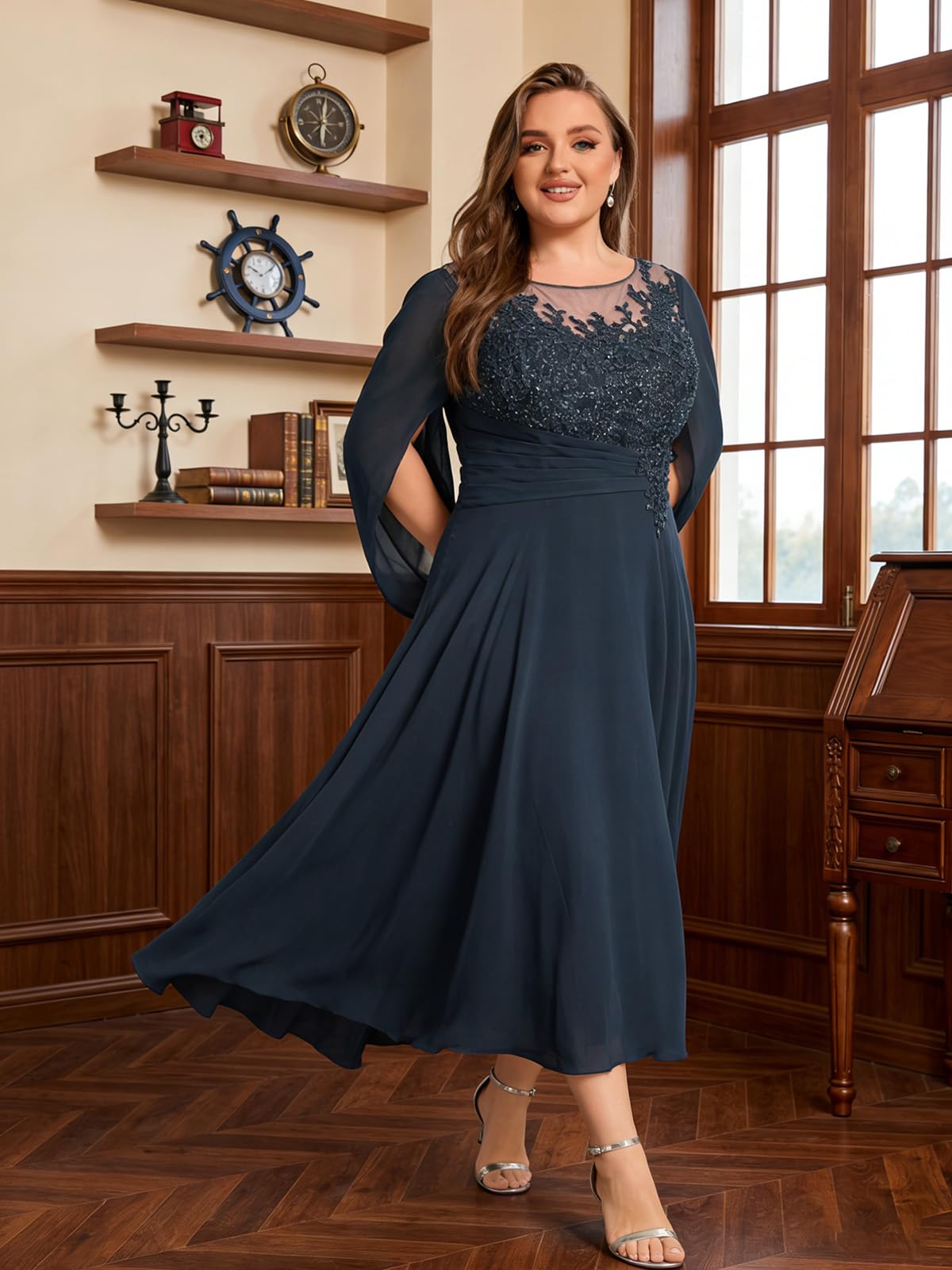 Große Größe Brautmutterkleid für Hochzeit,Damen Spitze Abendkleid mit Cape Chiffon Kleider für Hochzeitsgäste