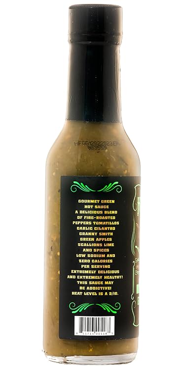 Hellfire Gourmet Green Hot Sauce with Carolina Reaper, Multi Award-Winning Verde Sauce, FEATURED IN MEN'S FITNESS MAGAZINE as one of the Healthiest Hot sauces on the market, 5 oz