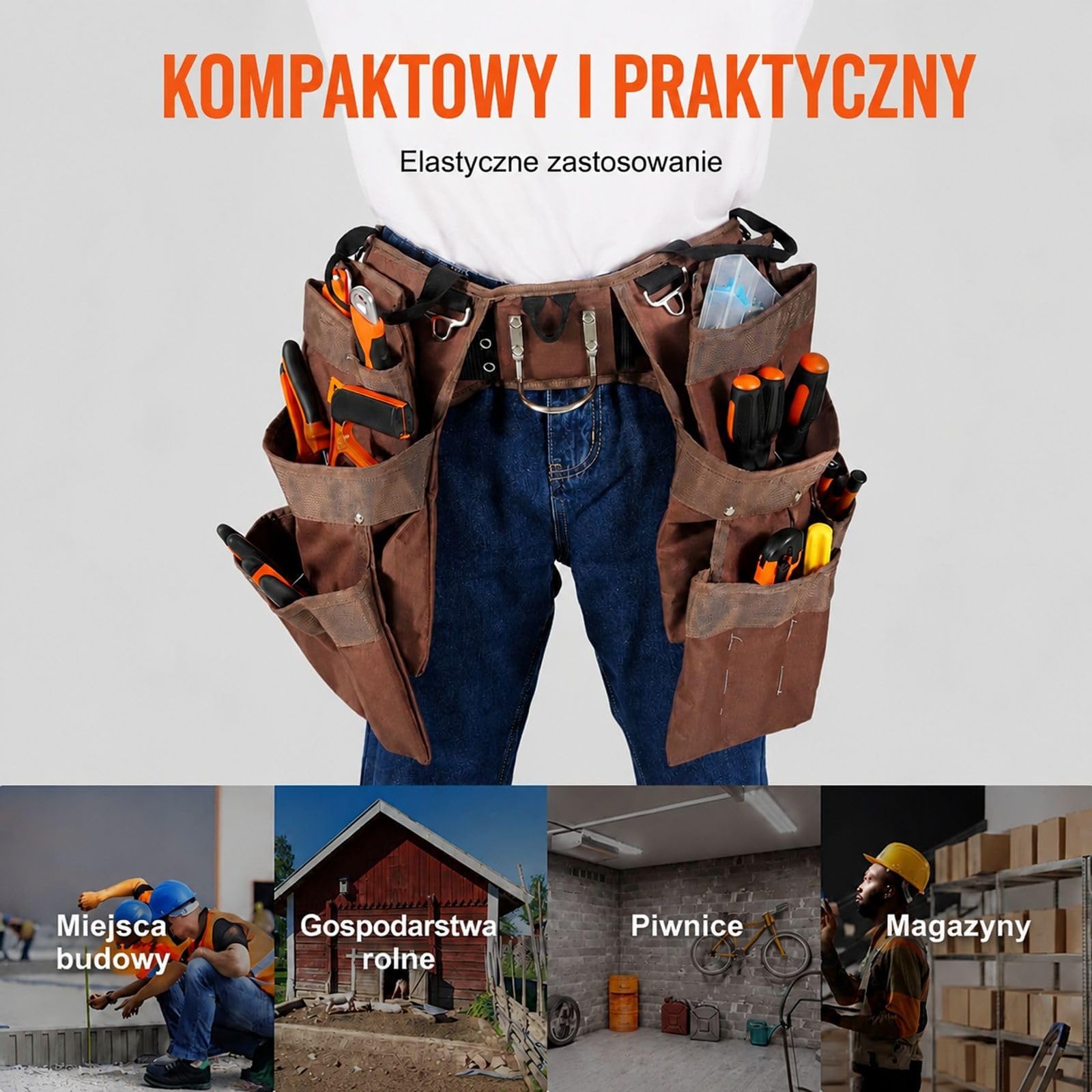 Pas narzędziowy stolarski z torbą budowlaną, 19 kieszeni, do prac ciesielskich i remontowych