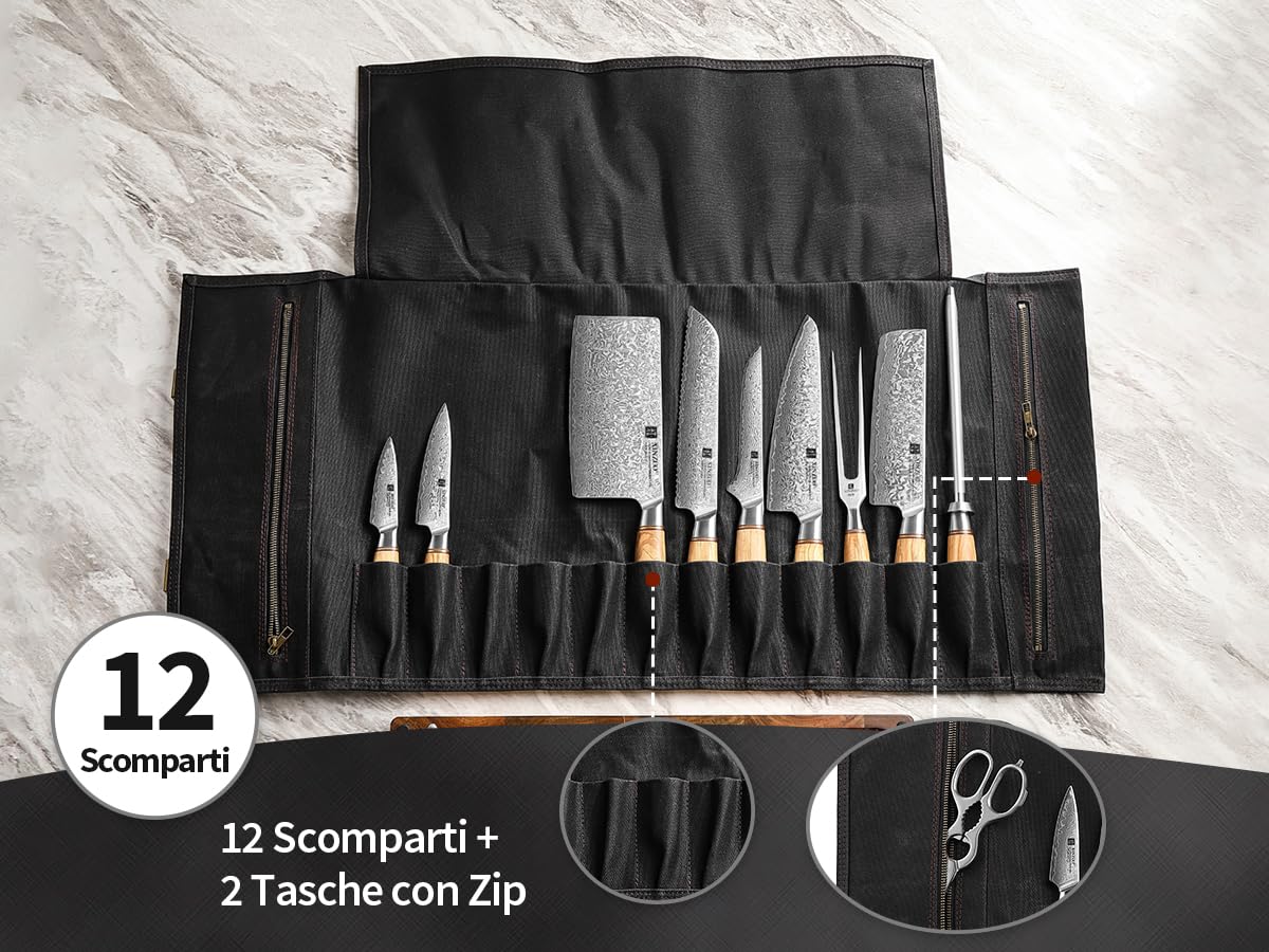XINZUO Borsa a Rotolo per Coltelli Nera,Bcustodia per Coltelli da Chef,12 Scomparti per Contenere Gli Strumenti da Cucina,Tela Cerata da 16oz e Pelle,Borsa Porta di Utensili di Cucina (Solo Borsa)