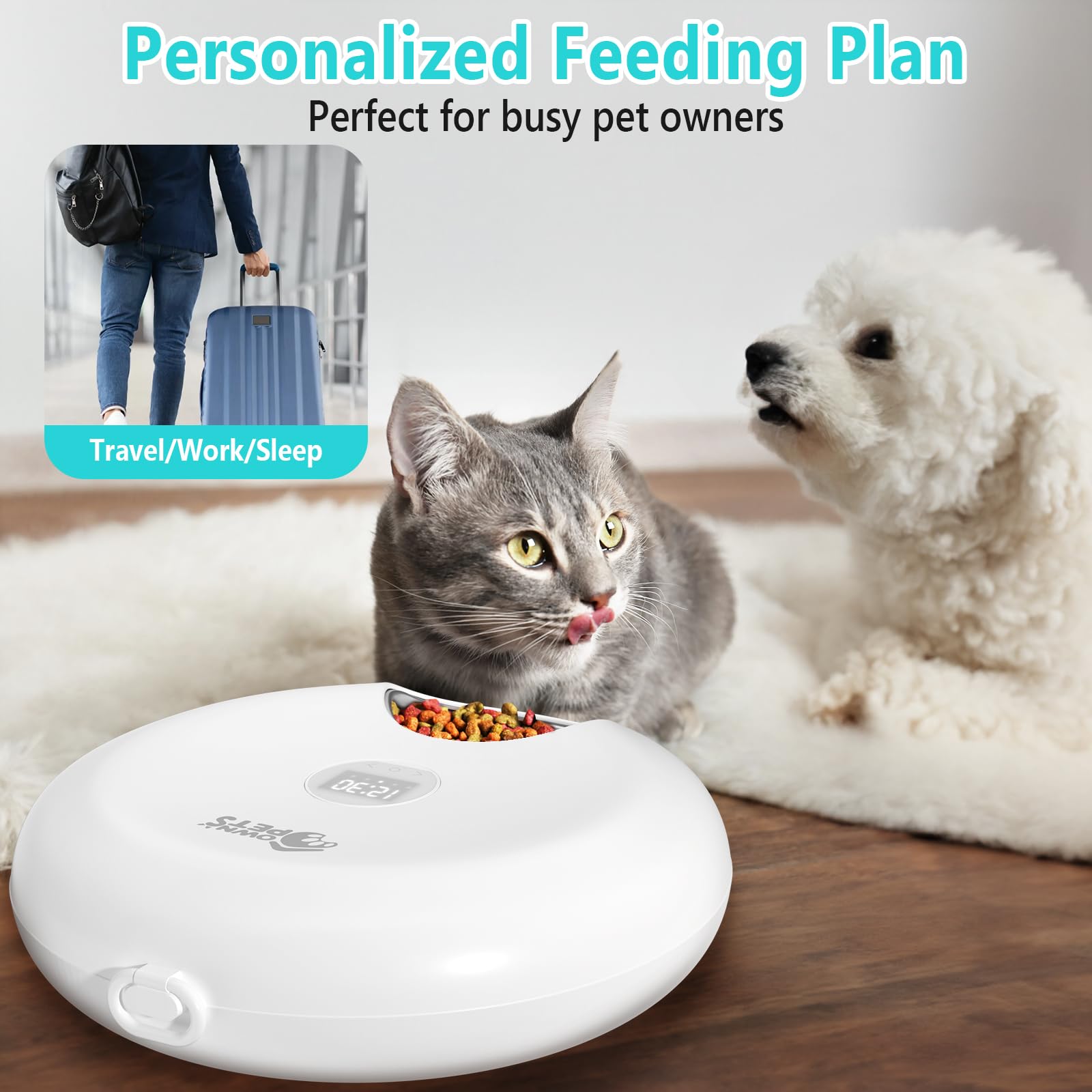 Ownpets Distributeur automatique de nourriture humide pour animaux de compagnie avec alimentation USB, deux blocs de glace, plateau de nourriture en acier inoxydable pour 6 repas (1,2 kg chacun)