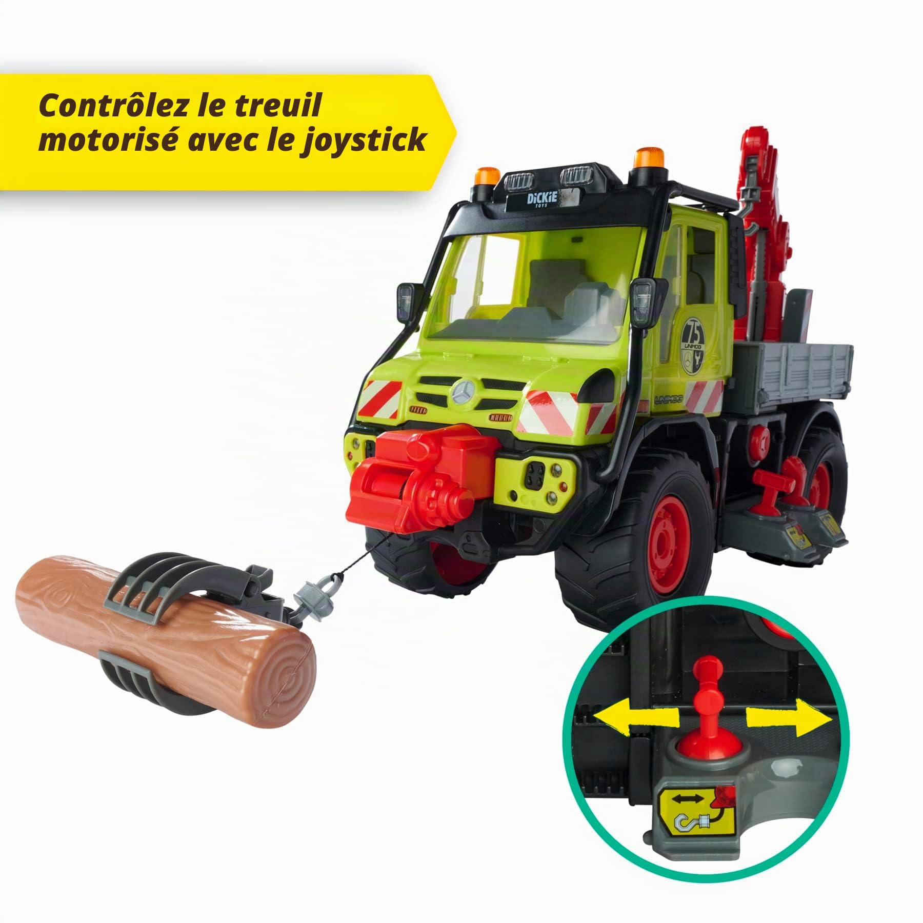 Dickie Toys - Unimog - Transporteur en Bois - avec treuil électrique et Bras de Grue avec Commande Joystick - avec Son et lumière - pour Enfants à partir de 3 Ans - Multicolore