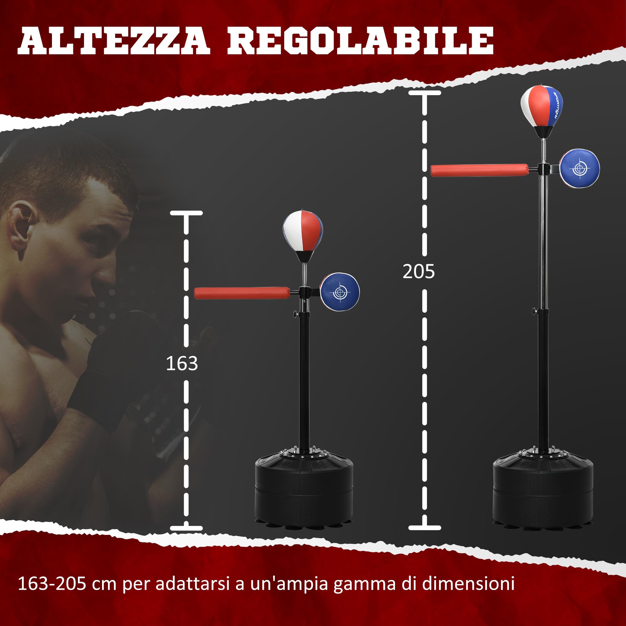 SPORTNOW Punching Ball da Terra per Adulti con Barra Reflex, Speedball e Colpitore, Pungiball da Terra con Altezza Regolabile da 163-205cm, Base Riempibile, Pompa d'aria e Set di Fasce da Polso