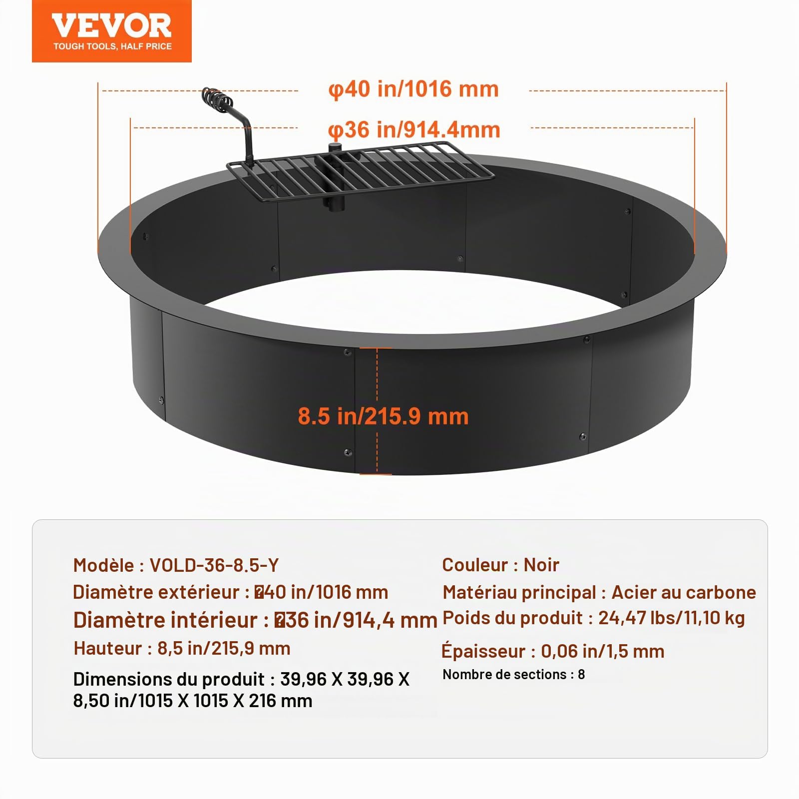 VEVOR Anneau de foyer avec gril de barbecue, diamètre extérieur 1016 mm diamètre intérieur 914,4 mm hauteur 215,9 mm, doublure en acier au carbone, anneau de feu de camp au-dessus ou sol, pour camping