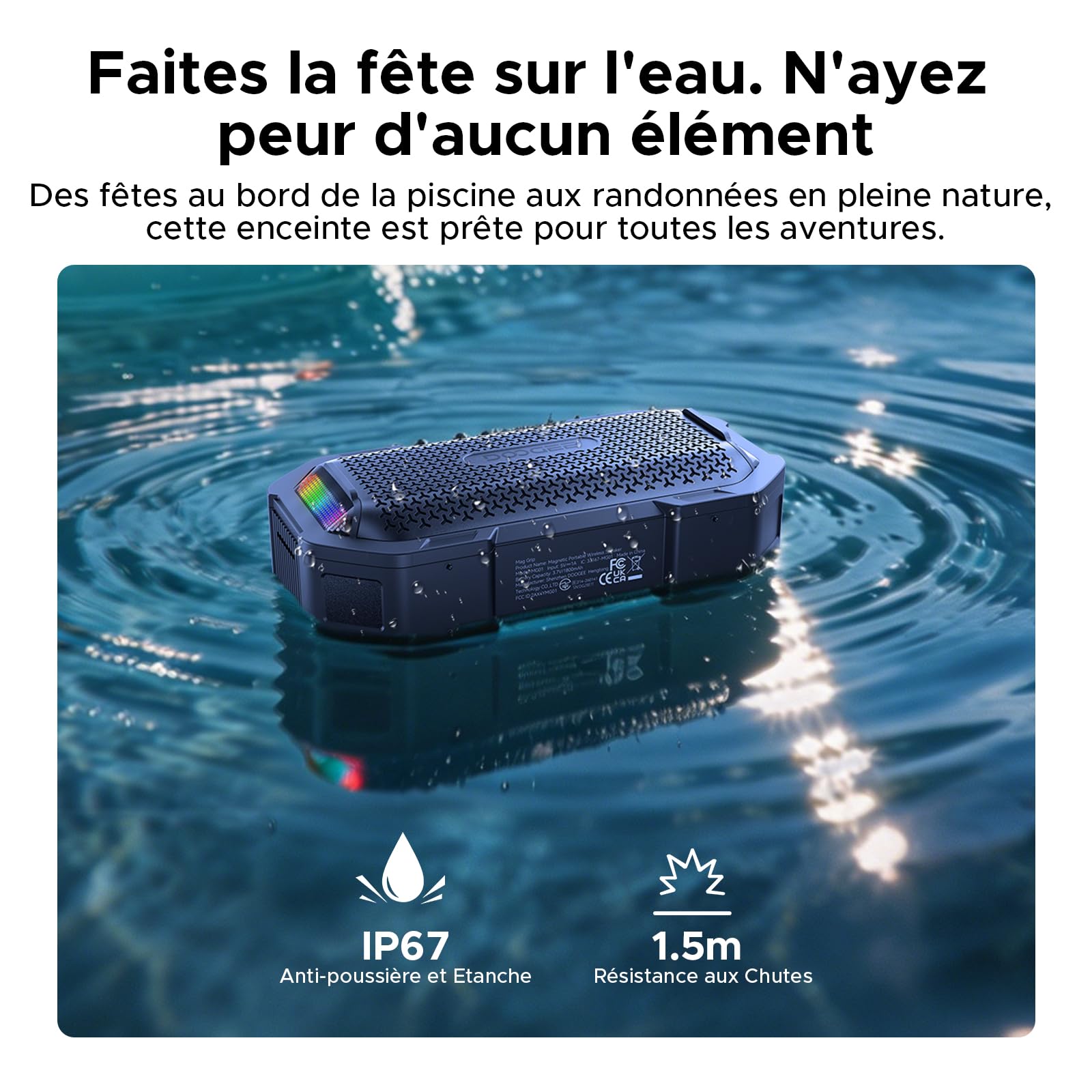 Enceinte Bluetooth Portable Puissante avec Magnétique, TWS Stéréo, 10 Modes RGB, IP67 Etanche, Enceinte d’extérieur Ultra-Portable avec Son Haute Fidélité, pour Fête, Vélo (Bleu)