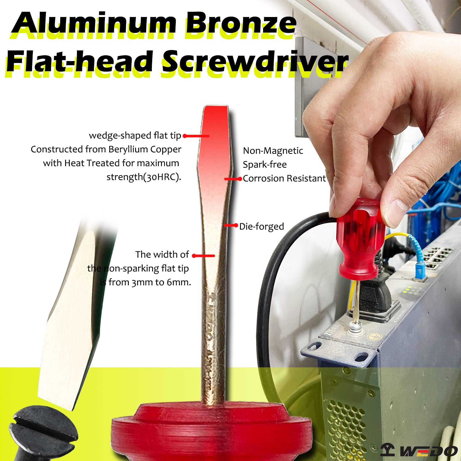 WEDO Zestaw 7 nieiskrzących wkrętaków płaskich i krzyżowych, kieszonkowe narzędzie do naprawy z łbem płaskim i krzyżowym, aluminiowy brąz, standard DIN, certyfikat BAM i FM, do ciasnych przestrzeni