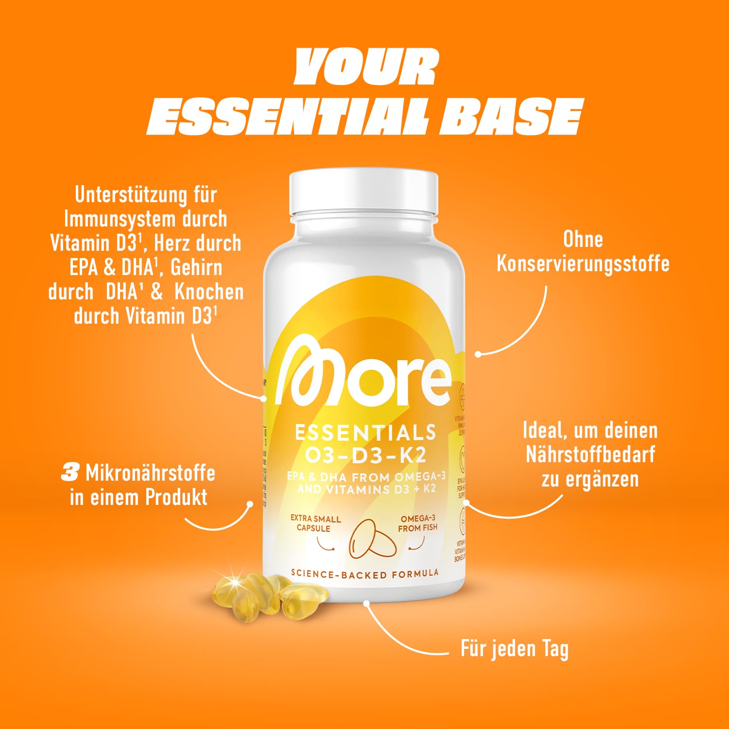 MORE Vegan Essentials O3-D3-K2, 80 Kapseln | Veganes Omega 3 aus Algenöl, mit Vitamin D3 & Vitamin K2, Kapselhülle aus Stärke (Design kann variieren)