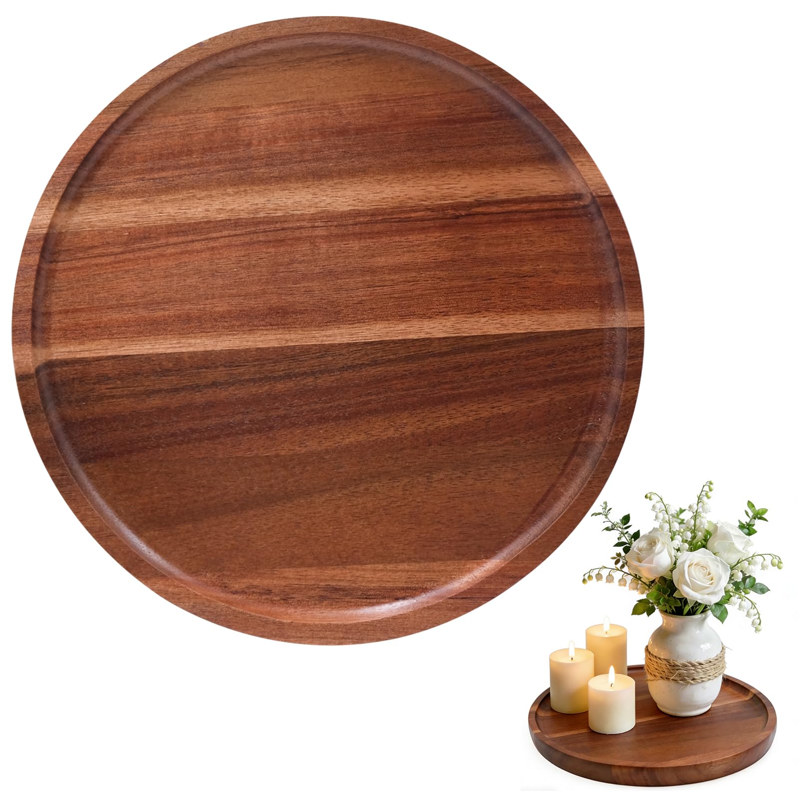 Guzeelu Brown Round Wooden Decorative Tray, Natural Acacia Candle Tray For Table Centrepiece And Home Kitchen Decor, Smooth Finish Serving Plate For Display And Coffee Table