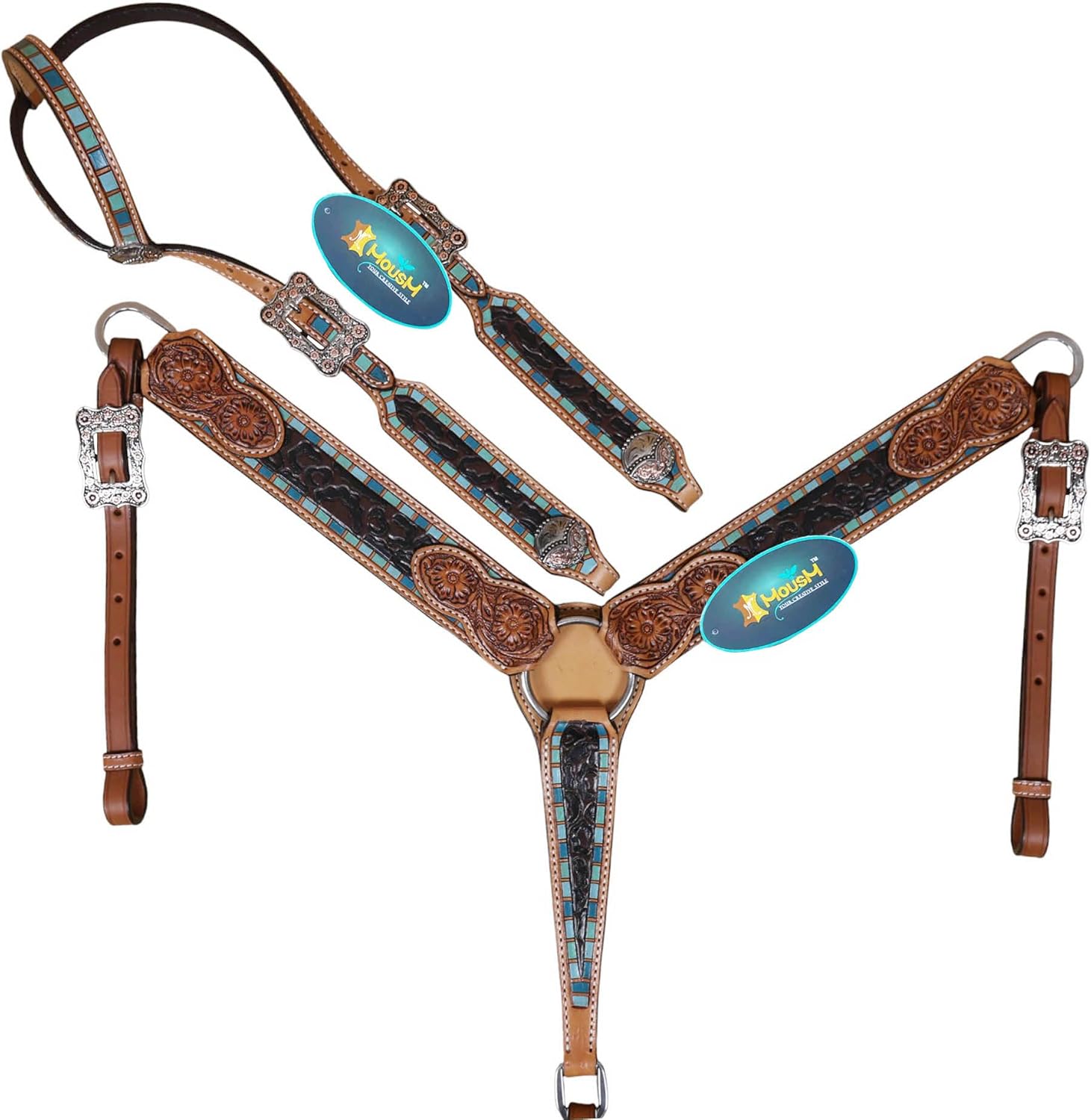 Western Leather Headstall and Breast Collar Tack Set with Leopard Carving and Multicolor Turquoise Border – One Ear, Cheek Pieces, and Breast Collar, Argentina Cow Leather