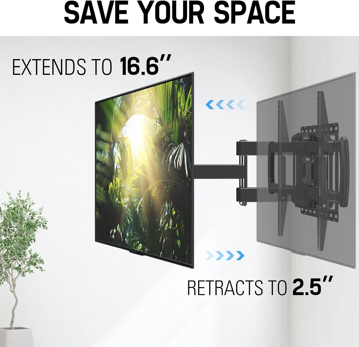 Image illustrating the extension and retraction capabilities of the TV mount, showing how it can be pulled out or pushed back.