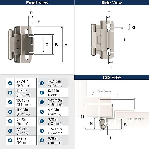 Miniatura 6 de Amerock Bisagra para gabinete de 3/8 pulgadas (10 mm) empotrada 𝙷inge de níquel satinado, paquete de 2, bisagra de cierre automático 𝐇inge de ajuste