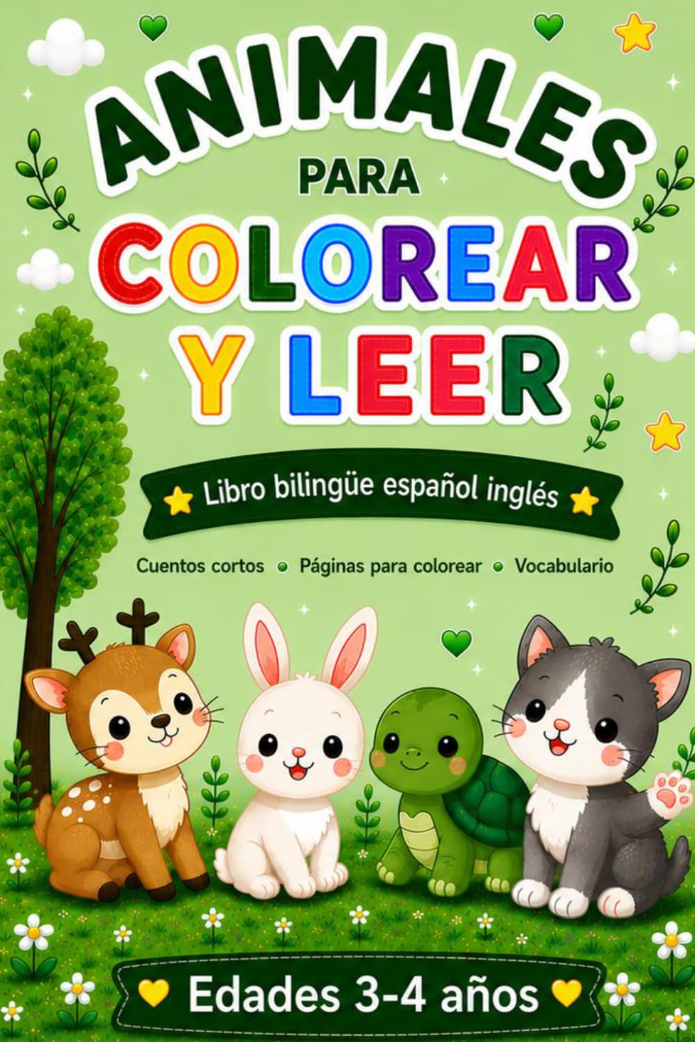 Animales para Colorear y Leer: Libro bilingüe Español-Inglés para niños de 3 a 4 años | Cuentos cortos y dibujos adorables para aprender vocabulario en dos idiomas