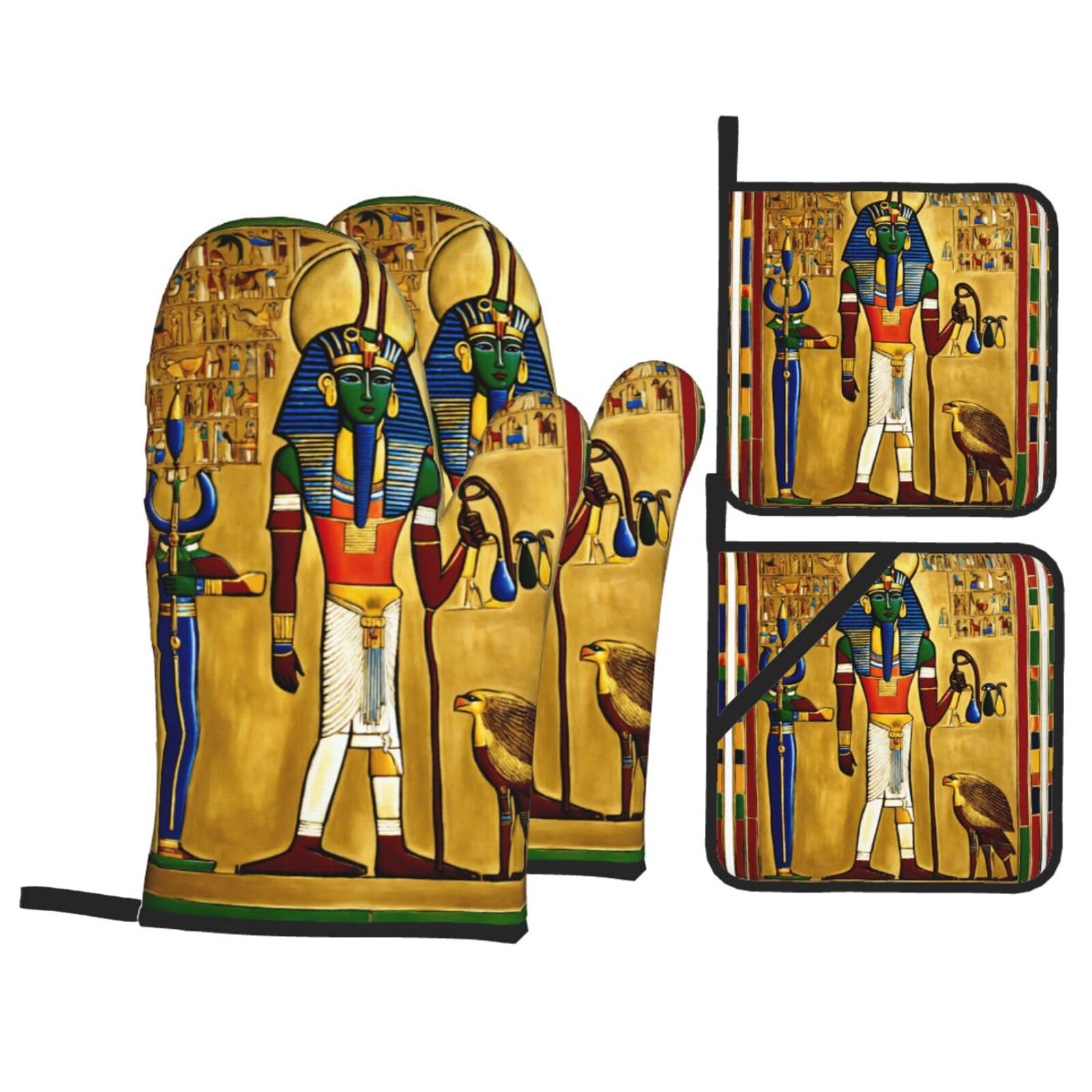 Ancient Egypt Tribe Series Printing 4 Piece Heat Resistant Oven Mitts Set,Kitchen Pot Holders Hot Pads for Grilling Cooking Gift