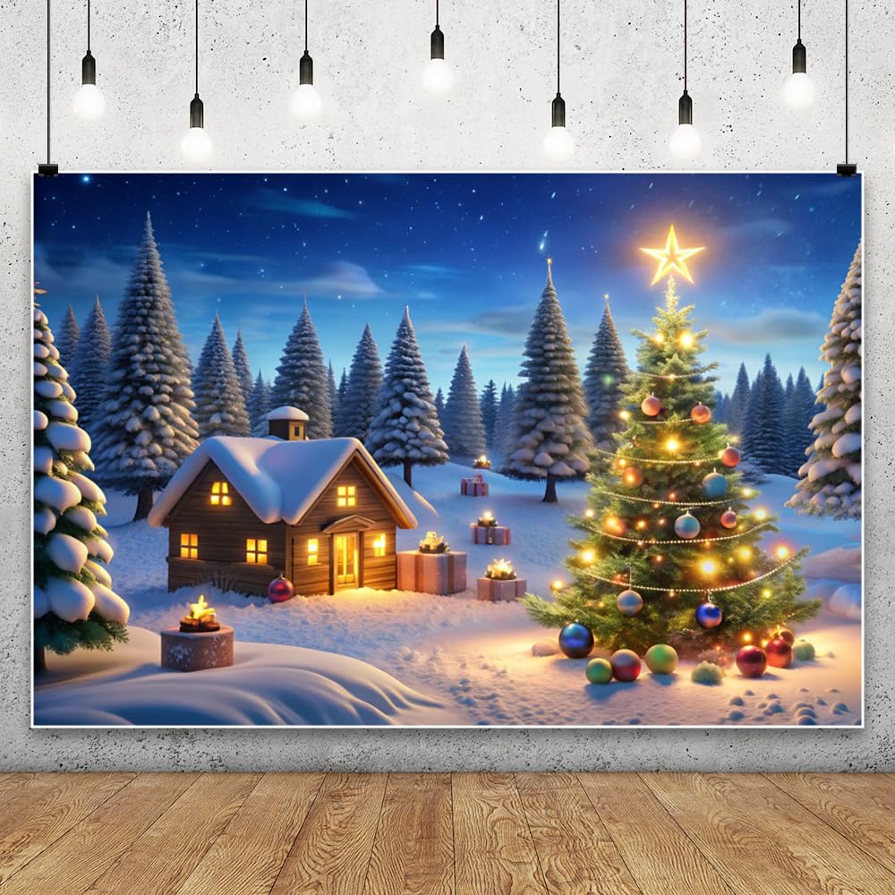 3.5x2.5m Fondo de Navidad de Invierno con casa de Madera, árboles de Navidad, pinos y Paisaje nevado para fotografía, Ideal para decoración de Fiestas de Año Nuevo en casa
