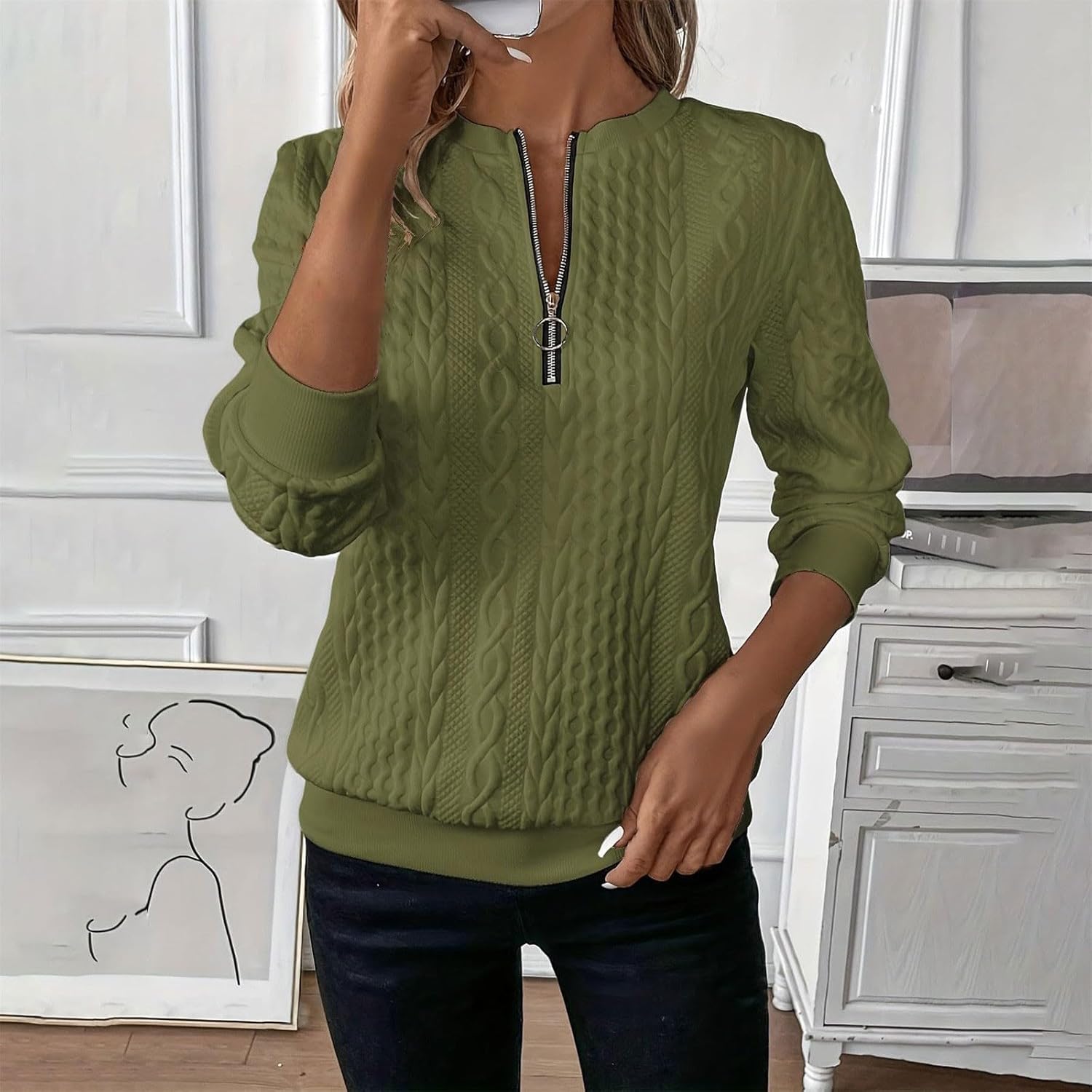 Women's Half Zip Quilted Pullover Sweatshirts Crew Neck Long Sleeve Tops Textured Solid Casual Fashion Fall Sweaters - Image 2