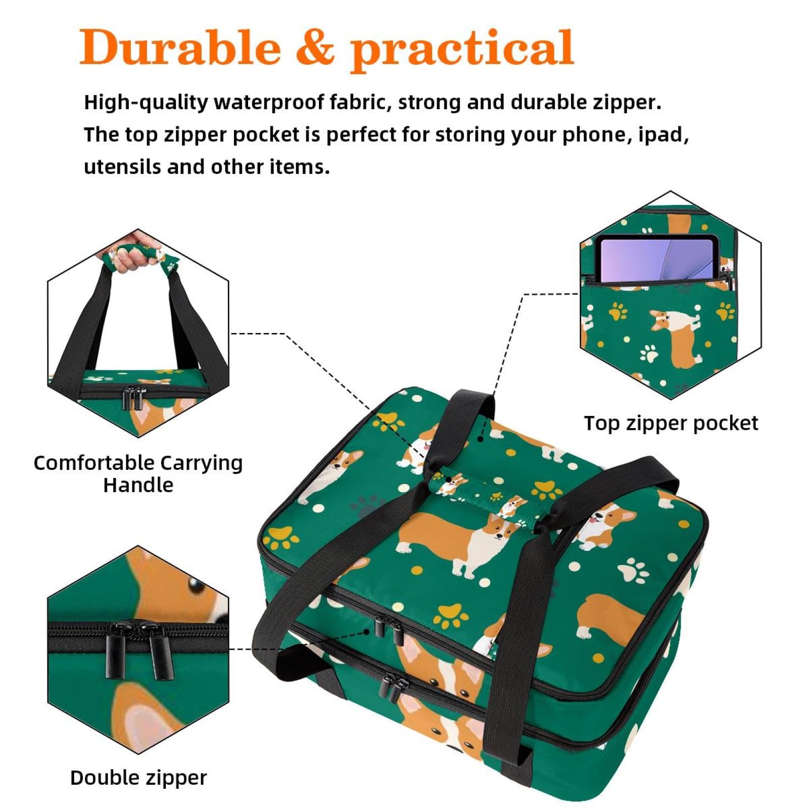 Grand sac à déjeuner isotherme pour homme et femme, double couche, étanche, étanche, réutilisable, sac fourre-tout pour le travail, l'école, le pique-nique, la plage, le camping, les voyages, motif