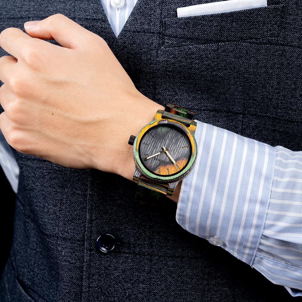 2win Relojes de madera coloridos para hombre, hechos a mano, de cuarzo, único, reloj de pulsera de aniversario, para hombres y mujeres, Correa de madera