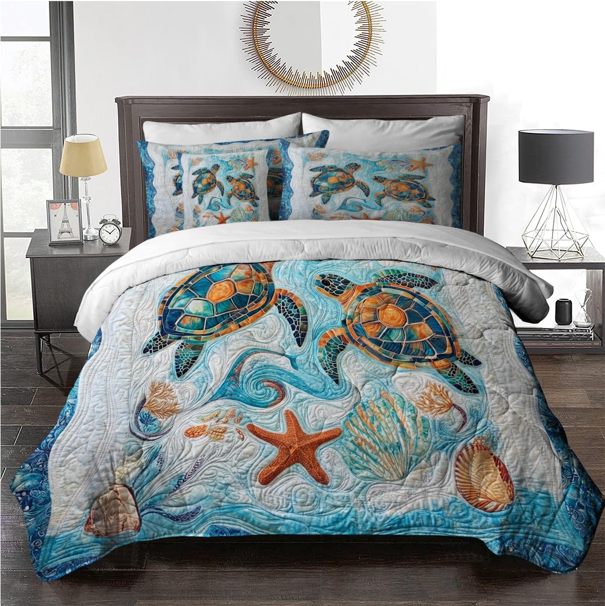 BlessLiving Sea Turtle Comforter Set Tropical Bed in a Bag Coastal Beach Themed Bedding with 1 Comforter, 2 Pillow Shams, 1 Flat Sheet, 1 Fitted Sheet, 1 Decorative Pillow Cover, 8 Piece, King, Aqua