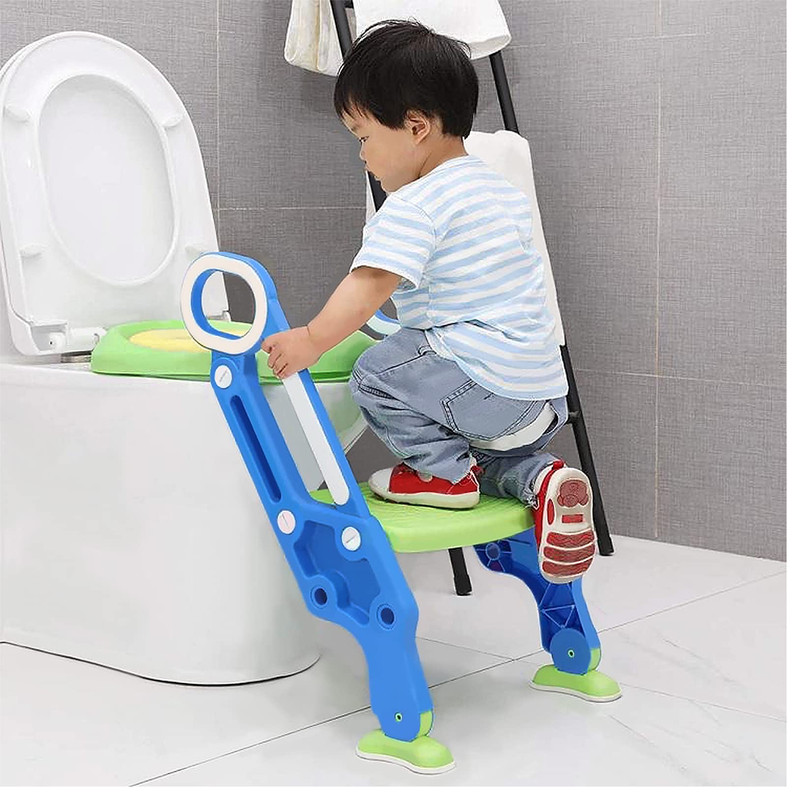 NAIZY Sedia da WC per Bambini con Scala Pieghevole, Regolabile in Altezza, Cuscino Imbottito in PU e Maniglie, Adatta a Bambini da 1 a 7 Anni, Blu e Verde