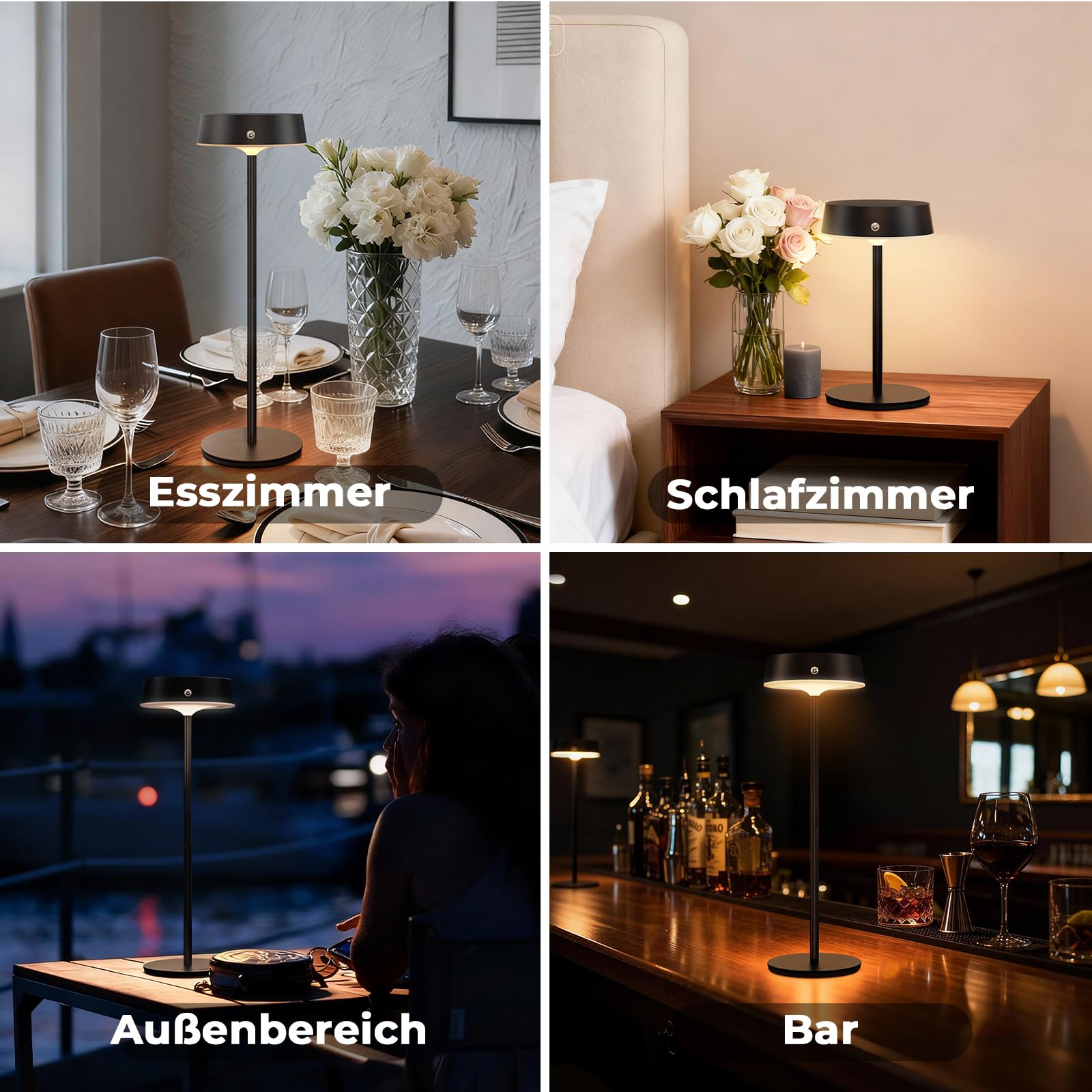 Lampe de Table LED Sans Fil 2 Pièces, Lampe Chevet Rechargeable Tactile, Hauteur Réglable, Luminosité et 3 Températures de Couleur Variables, Aluminium Noir IP65, Pour Salon Chambre