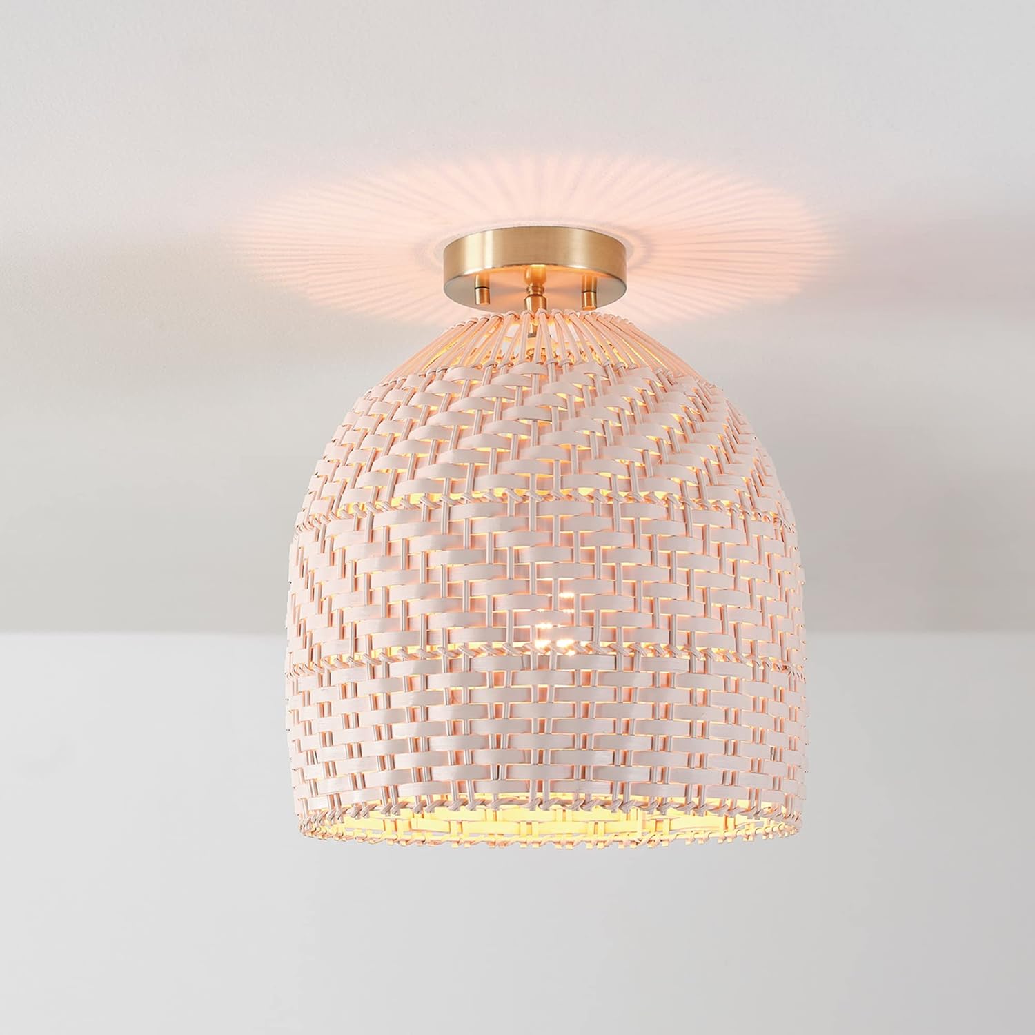 GLOBE Electric 65790 1-Light Flush Mount Ceiling Light, Matte Brass, Cream Rattan Shade