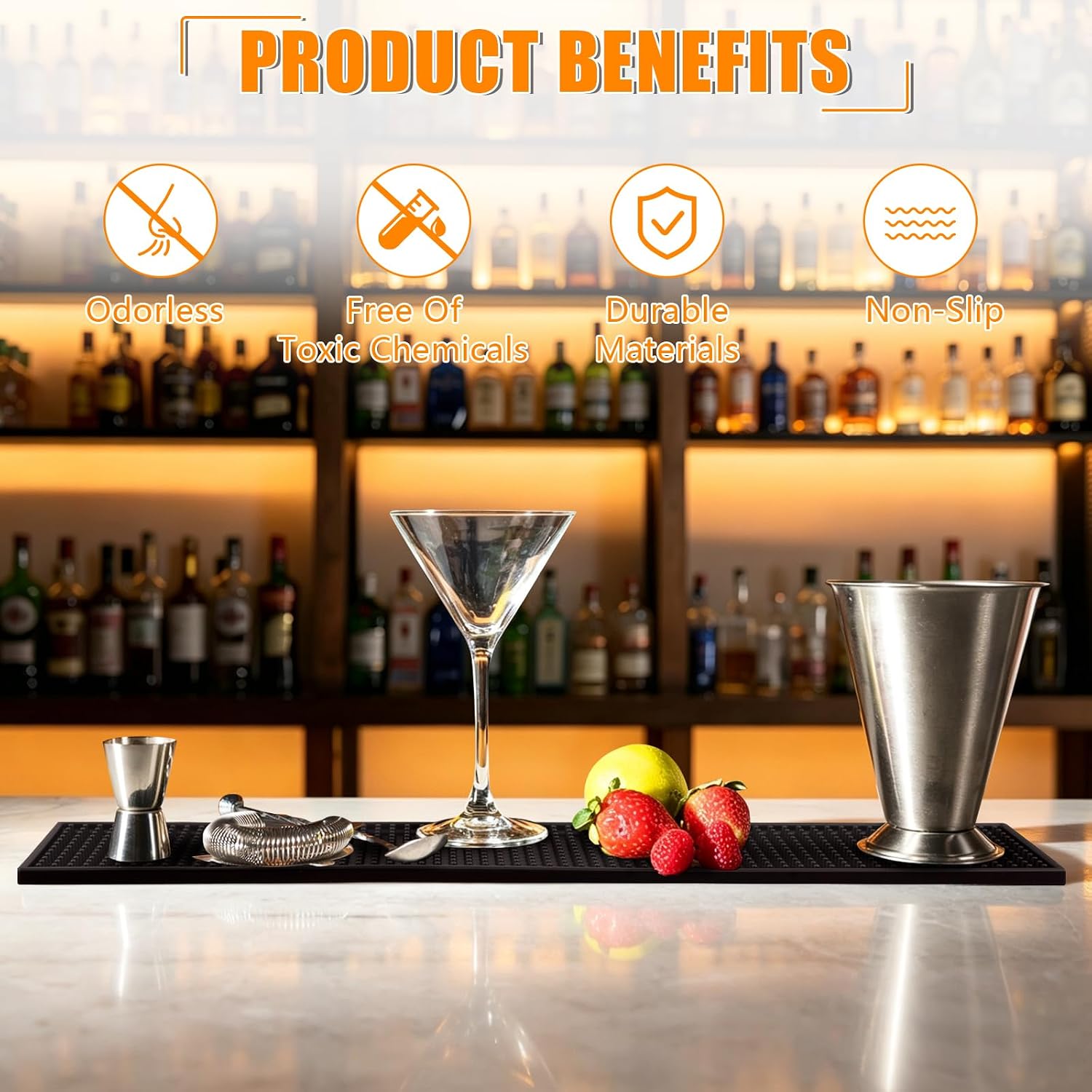 Ninsula 3 Pack Bar Mat, 17.5" x 3.5" Long PVC Bar Rail Mat, Non-Slip Spill Proof Mat, Rubber Dish Drying Mat for Coffee Bar, Bartending, Home Kitchen & Restaurant