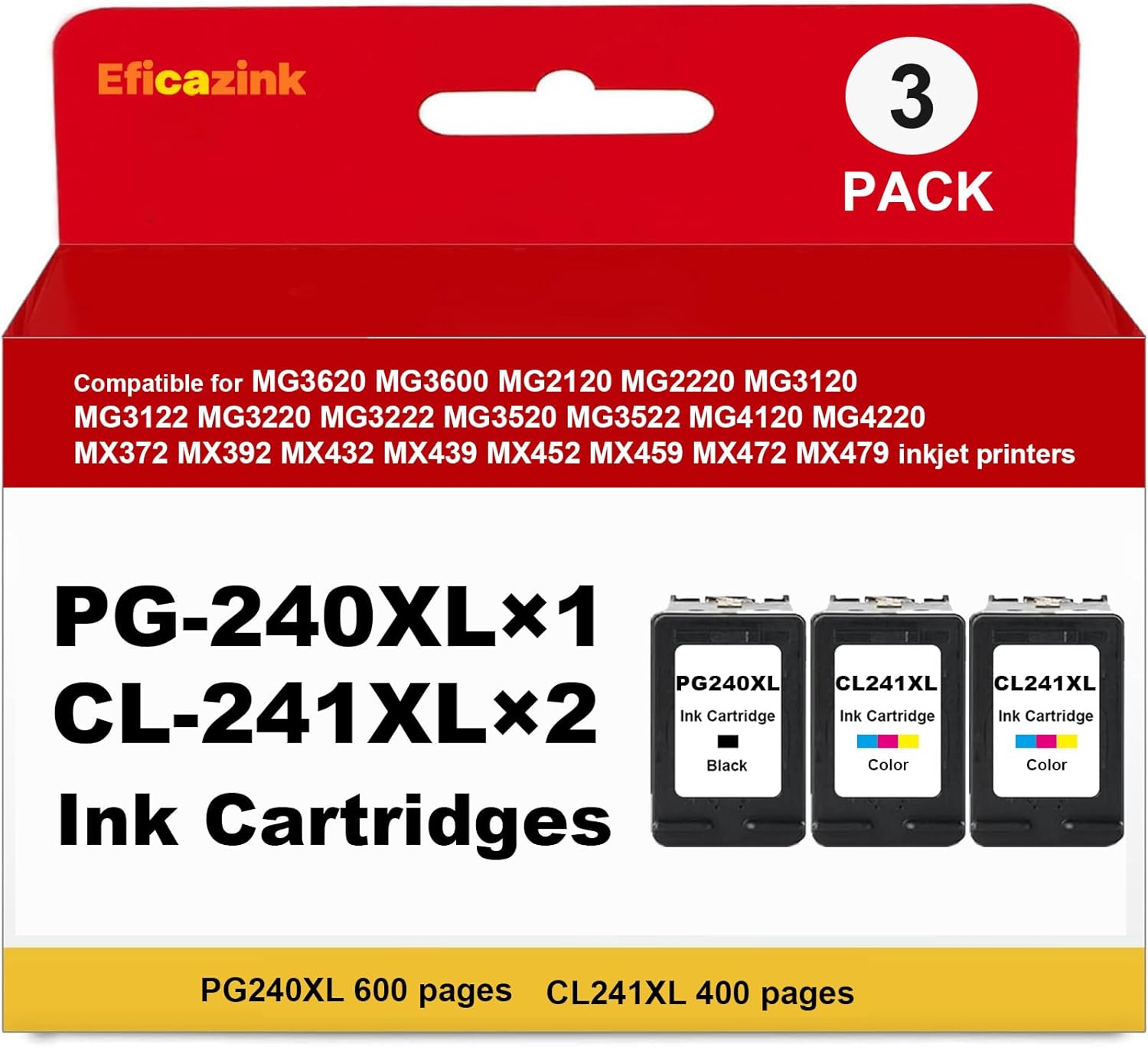 3 Pack PG-240 XL/CL-241 XL Ink Cartridges Compatible for MG3620 MG3600 MG3520 TS5120 MG2120 MX472 MX452 MX512 MX532 Printer (1 Black,2 Color)