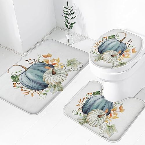 Tapete de baño de 3 piezas de otoño con diseño de calabaza, color azul y verde, hojas de arce, cosecha, decoración de Acción de Gracias, juego de