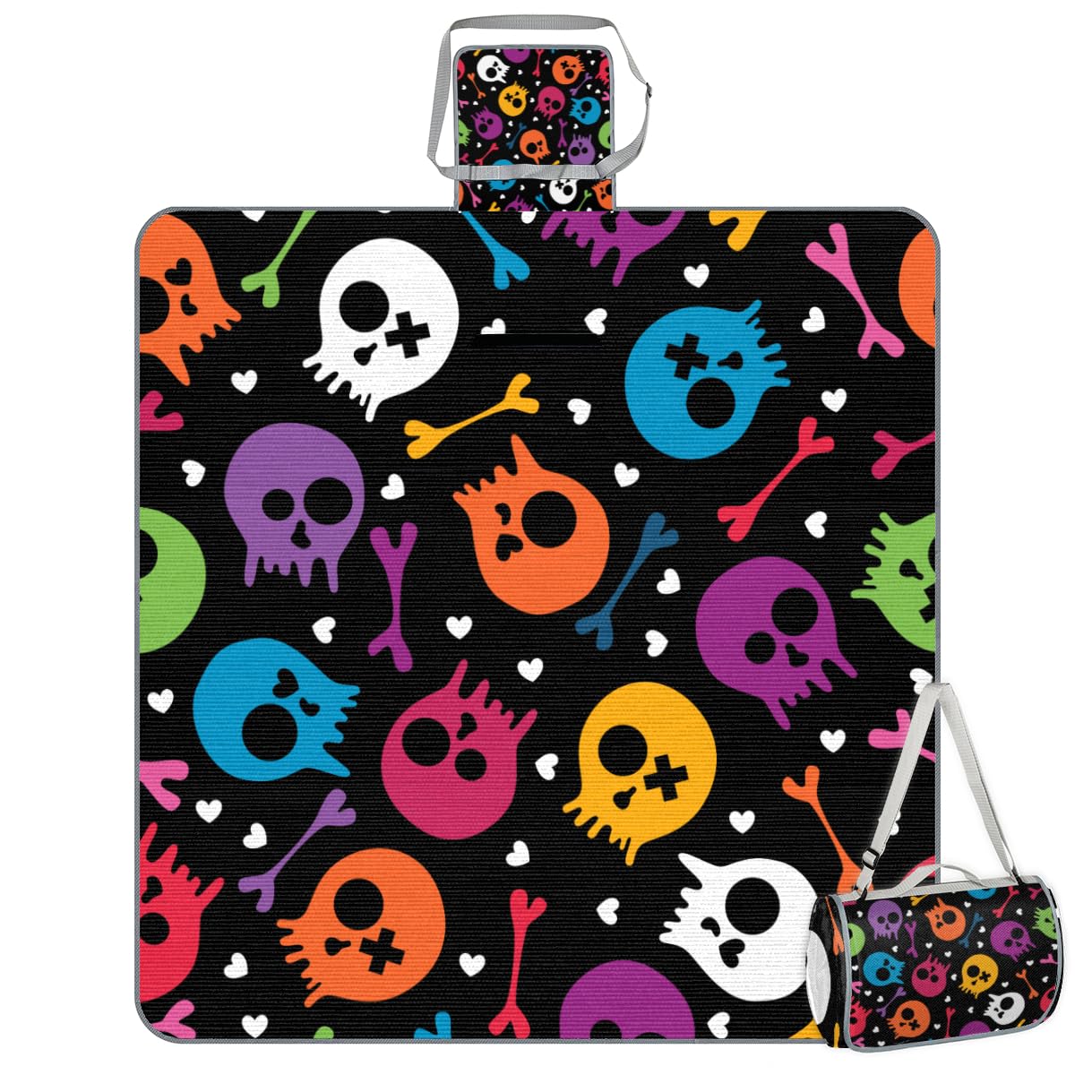 Shimoshe Picnic Blankets 57”x 59”, Bone Love Skull Waterproof Sandproof Picnic Mat Lightweight Foldable Beach Blanket for Camping Park Grass Beach Outdoor Blanket