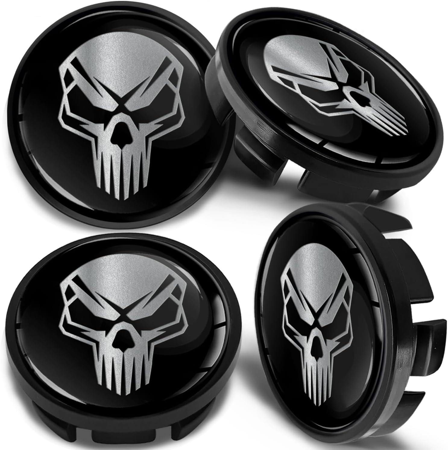 Biomar Labs 4 x 65mm Wheel Centre Alloy Hub Center Caps Compatible with VW 3B7 601 171 / 6U7 601 171 Hubcaps Skull Silver Black CV 35